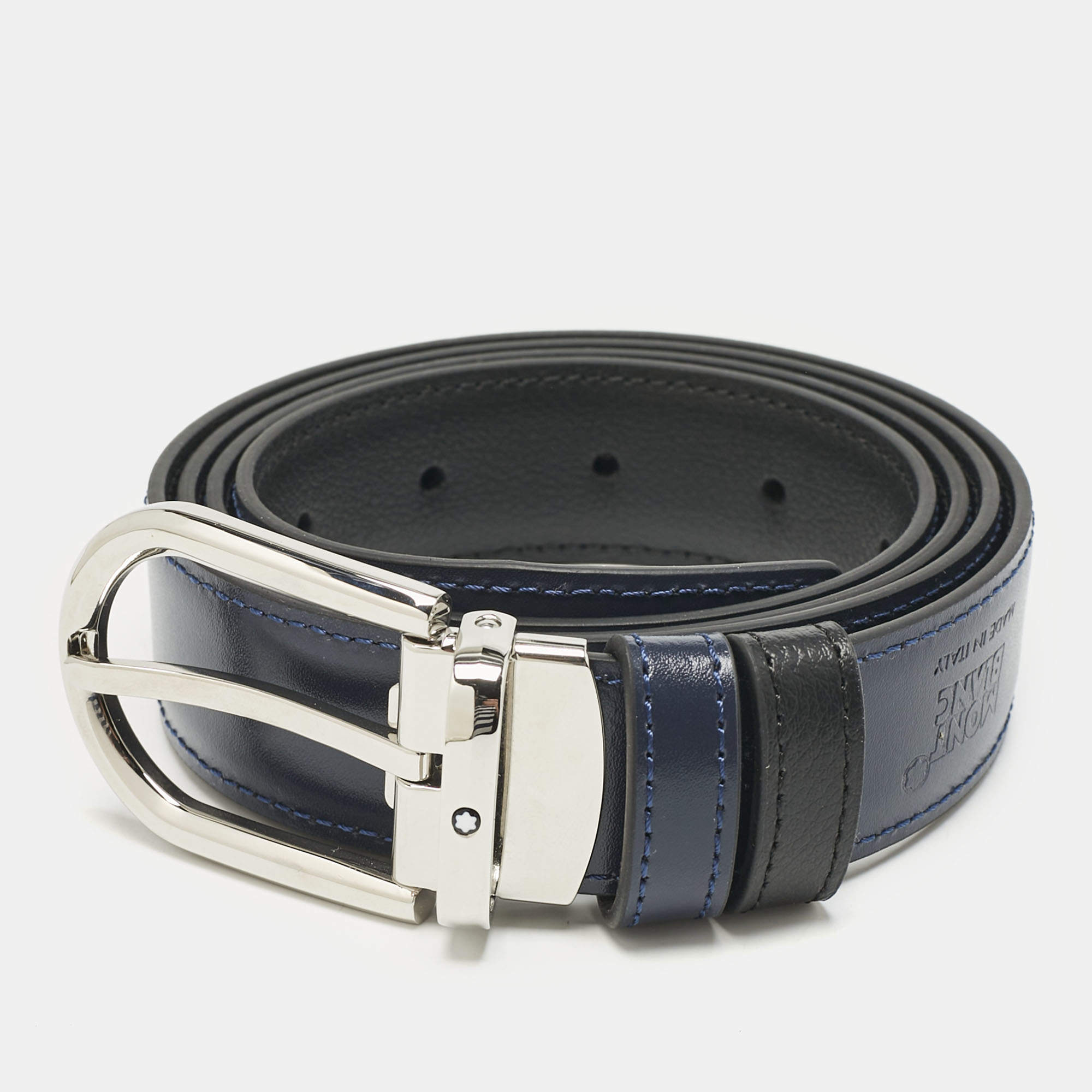 Pre Owned Montblanc Black/Navy Blue Leather Cut to Size Reversible Buckle Belt