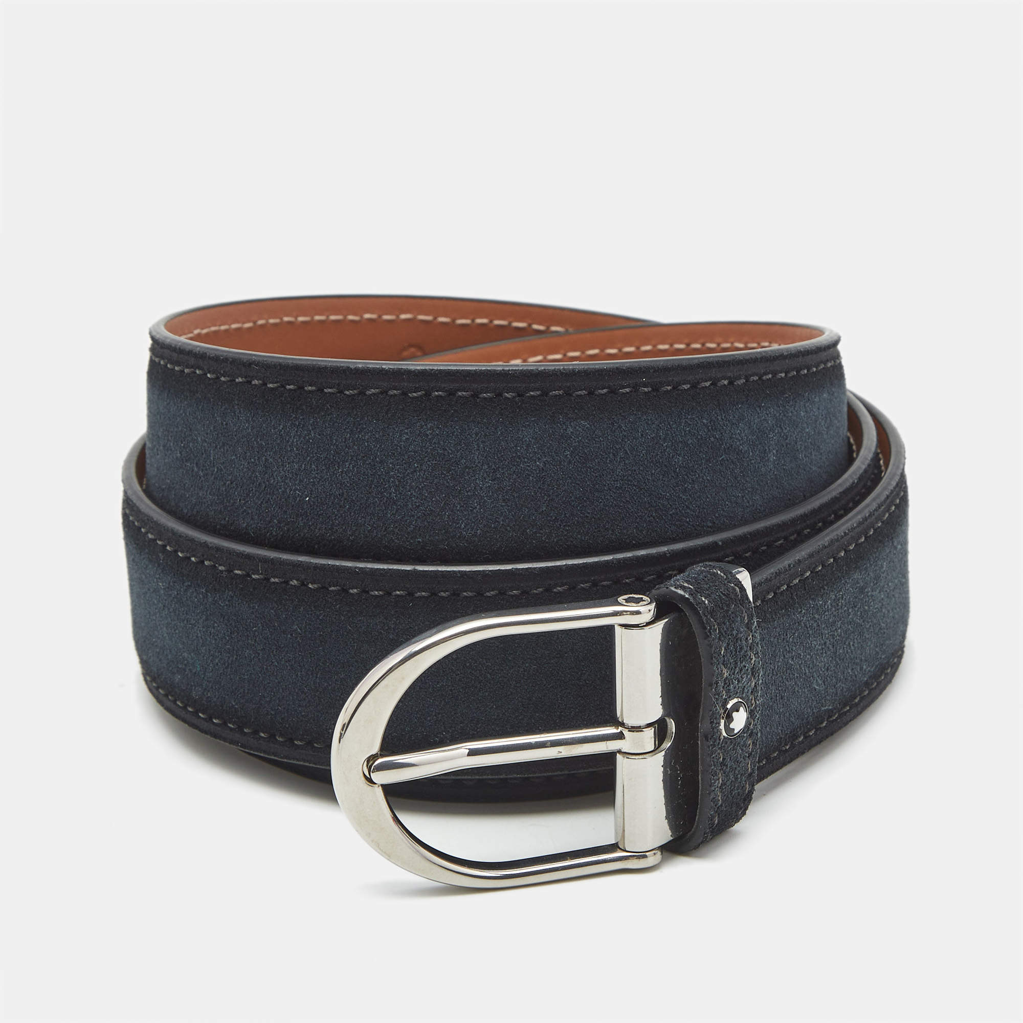 Pre Owned Montblanc Ombre Navy Blue Suede Horseshoe Buckle Cut to Size Belt