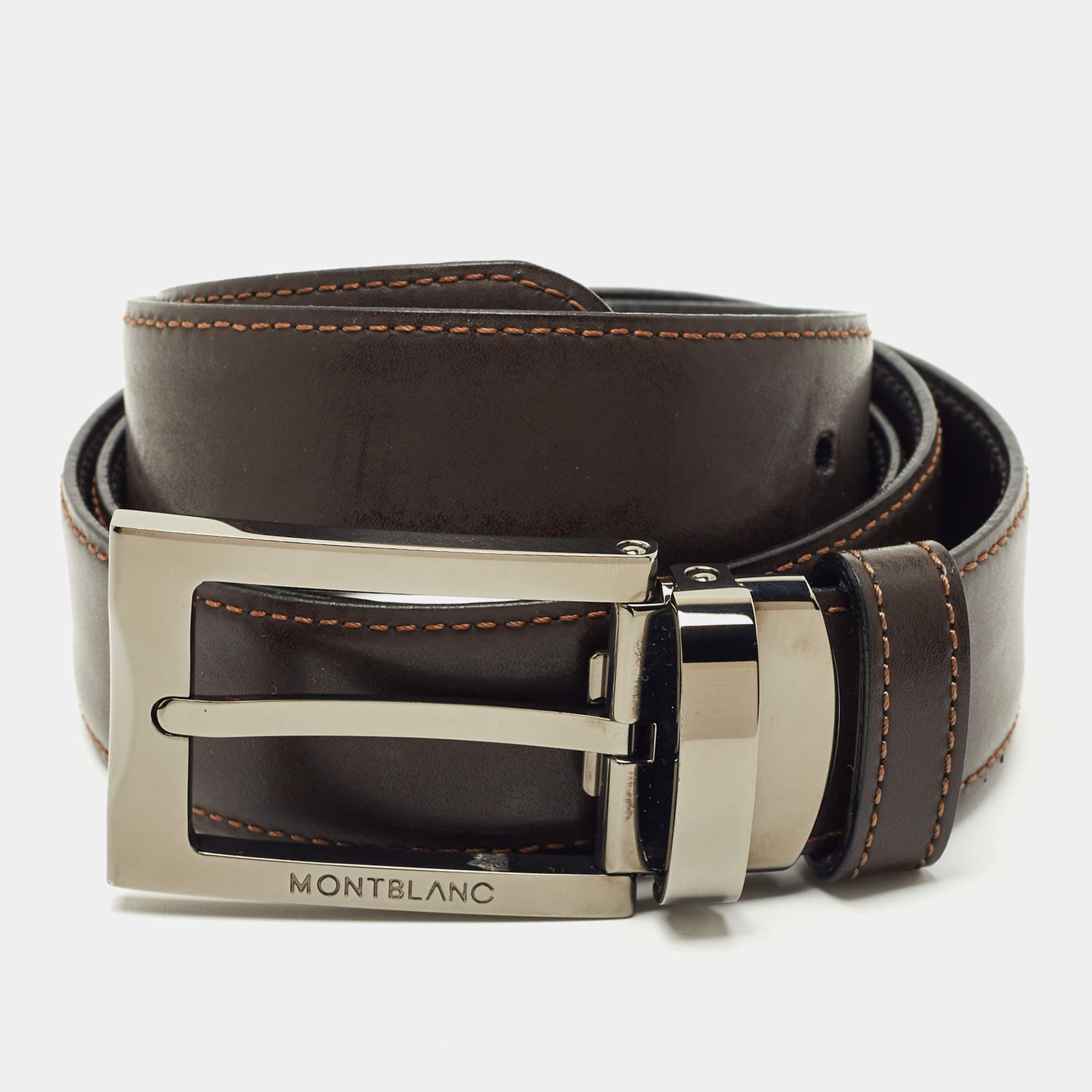 Pre Owned Montblanc Brown/Black Leather Reversible Cut to Size Belt