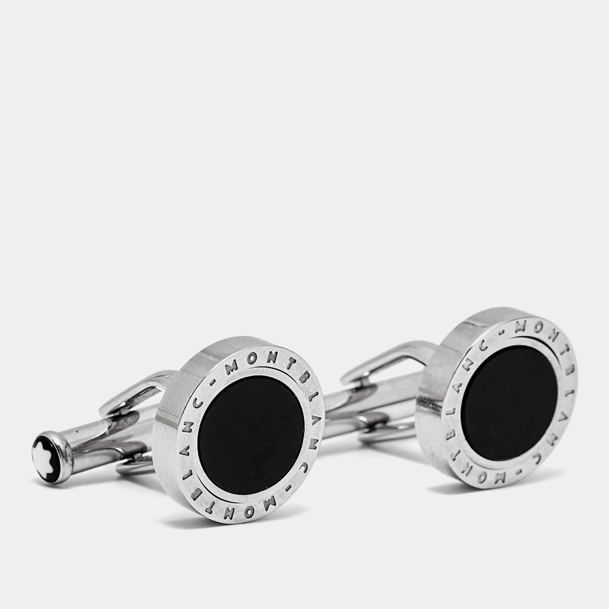 Pre Owned Montblanc Onyx Rotating Stainless Steel Cufflinks