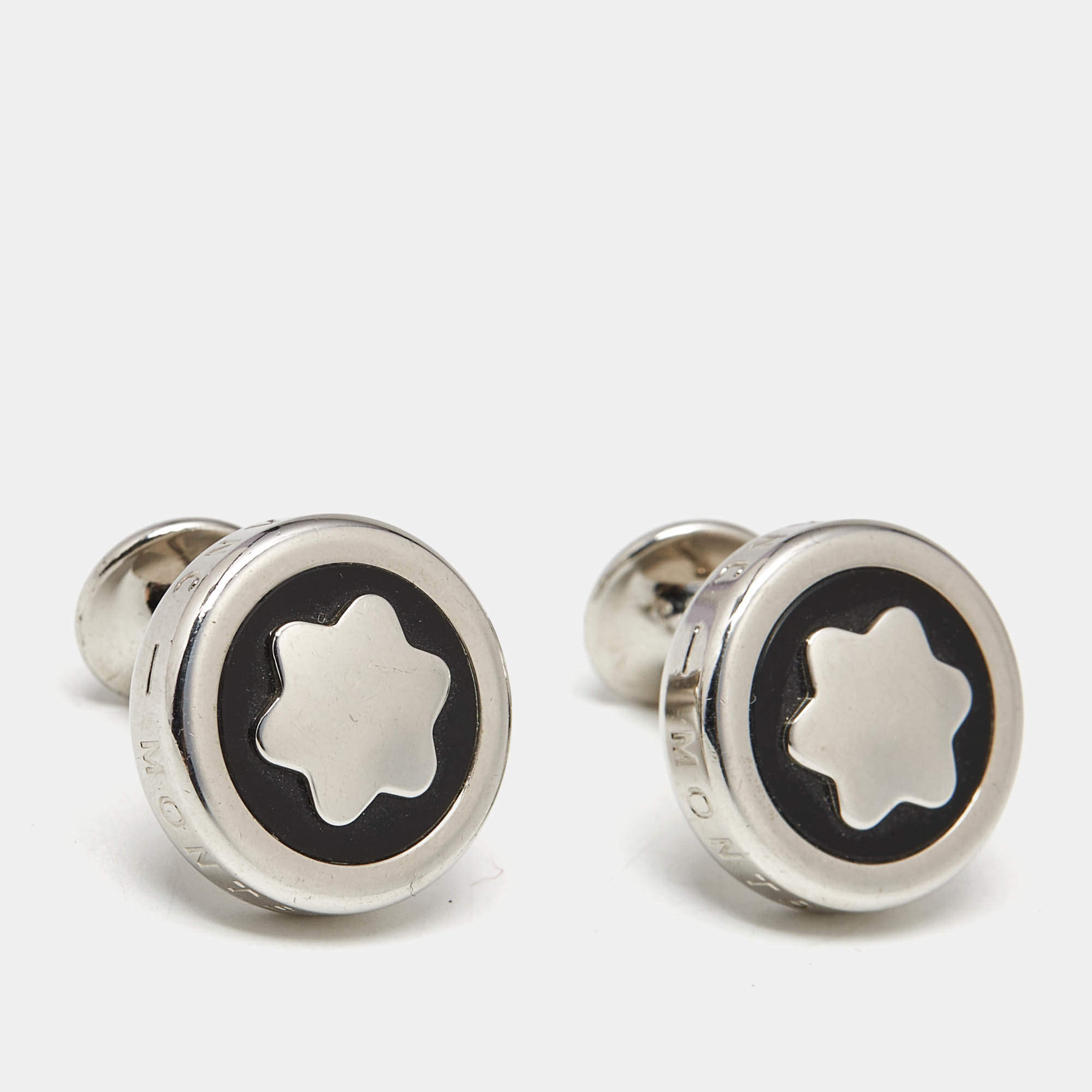 Pre Owned Montblanc Star Black Inlay Silver Tone Round Cufflinks