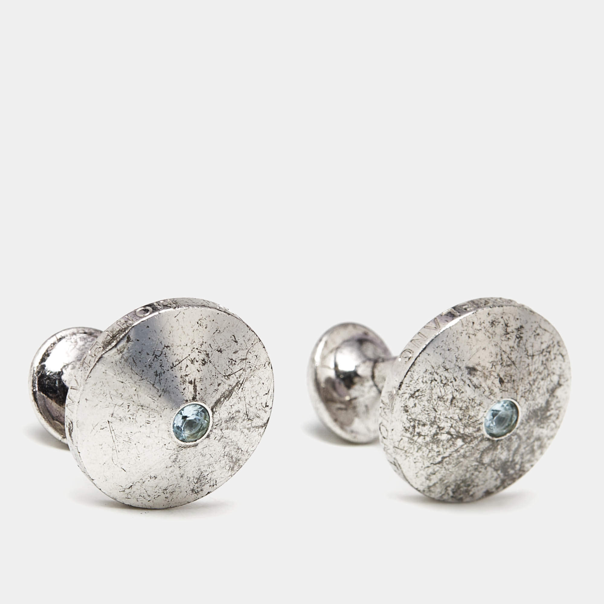 Pre Owned Montblanc Blue Stone Silver 925 Round Cufflinks