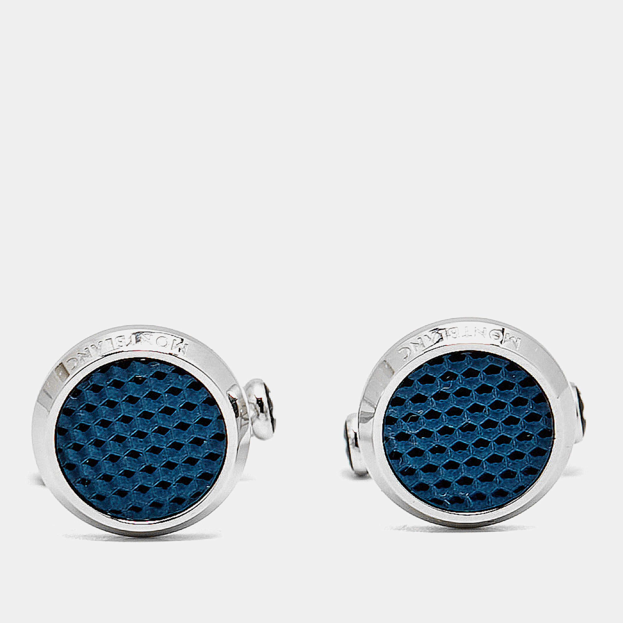 Pre Owned Montblanc Meisterstuck Silver Tone Blue Lacquer Round Cufflinks