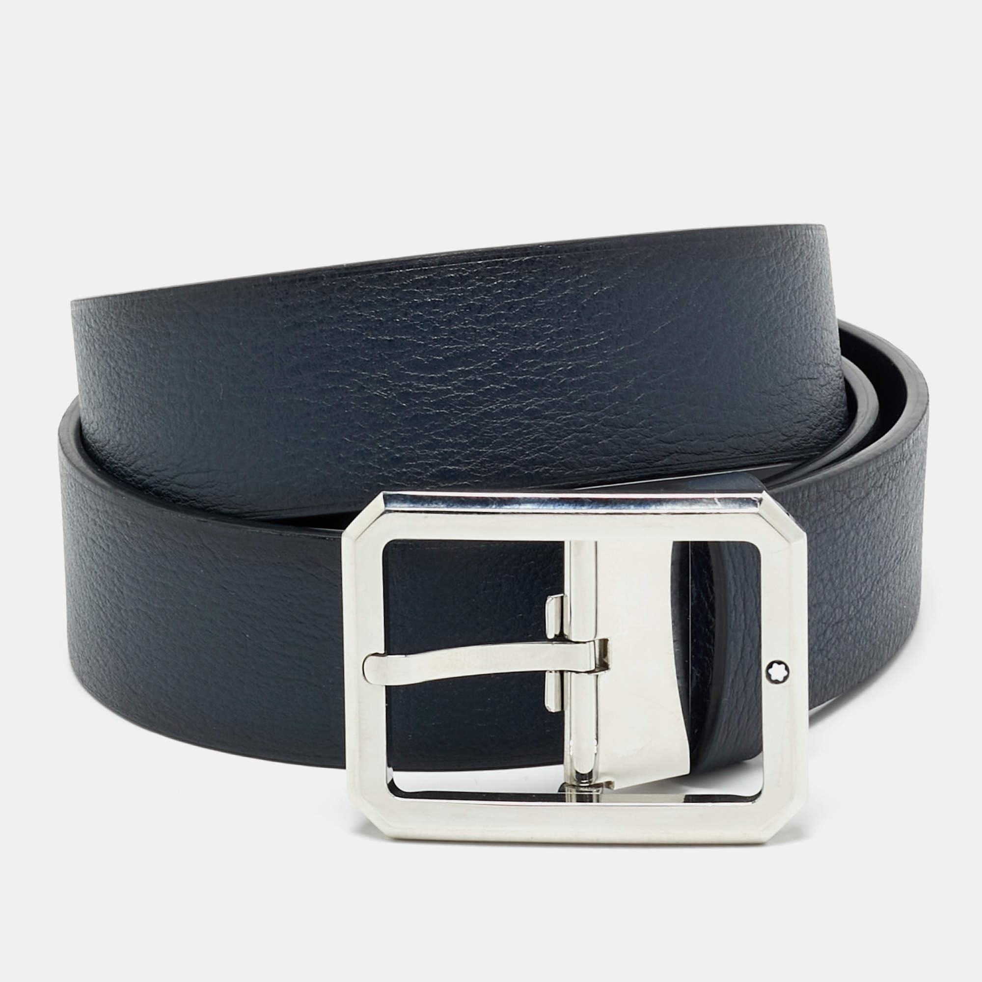 Pre Owned Montblanc Cut To Size Reversible Buckle Belt Navy Blue/Black Leather