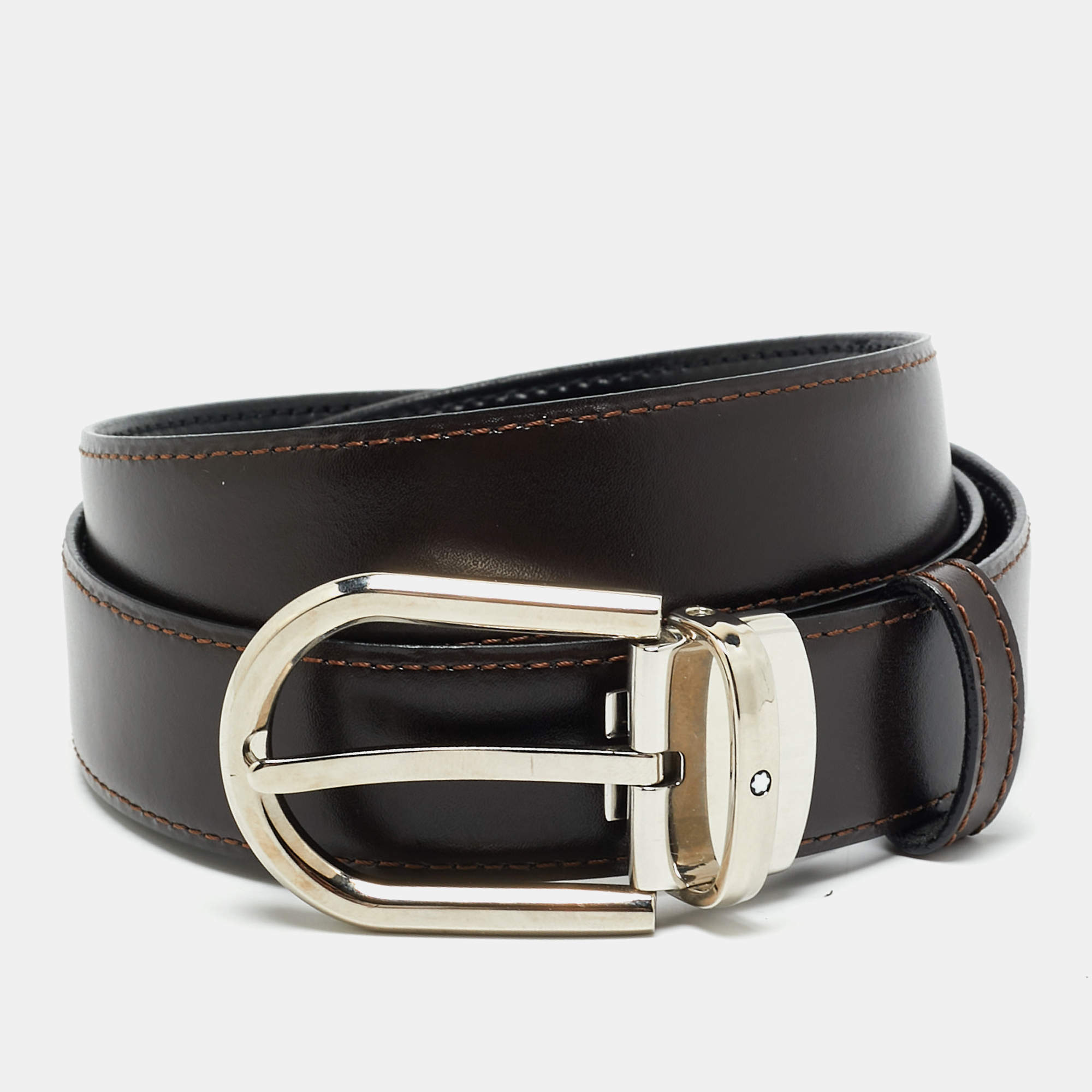 Pre Owned Montblanc Cut To Size Reversible Buckle Belt Black/Brown Leather