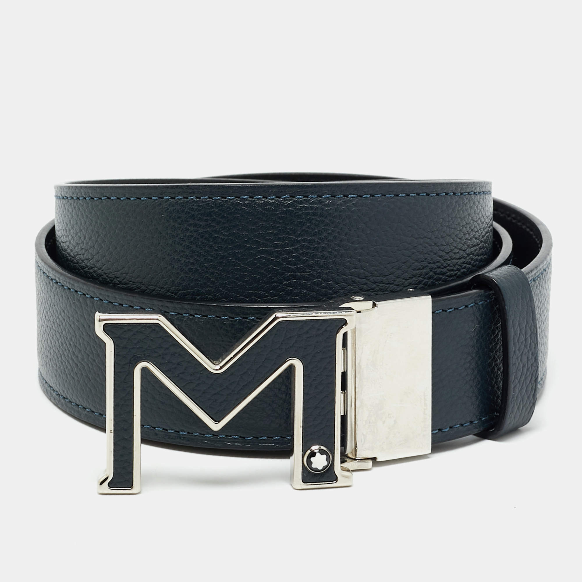 Pre Owned Montblanc M Cut to Size Reversible Buckle Belt Navy Blue/Black Leather