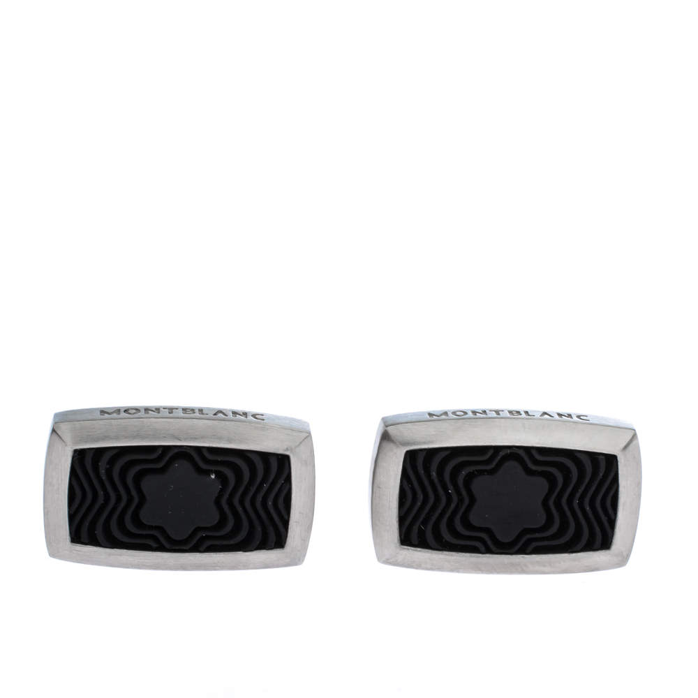 Pre Owned Montblanc Star Black Textured Inlay Silver Tone Rectangular Cufflinks