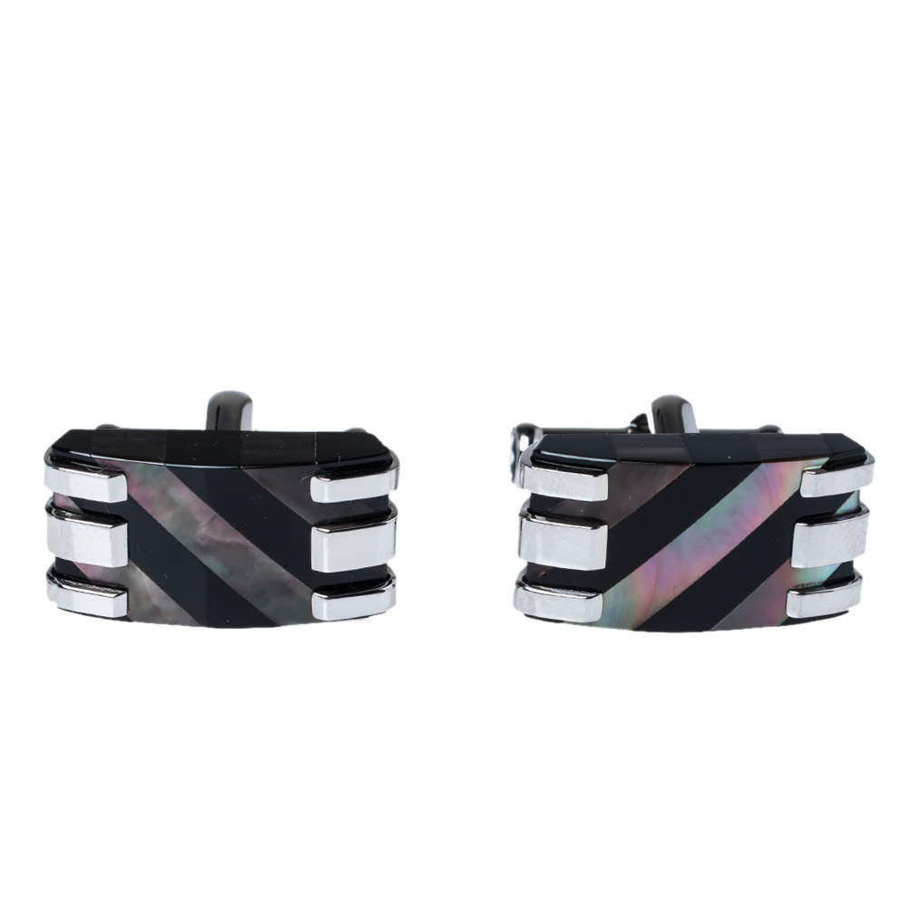 Pre Owned Montblanc Stripes Mother of pearl & Onyx Stainless Steel Rectangular Cufflinks