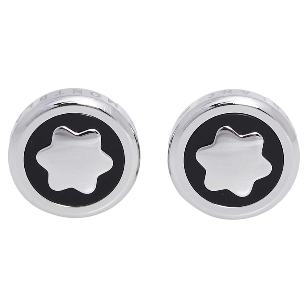 Pre Owned Montblanc Onyx Stainless Steel Round Star Cufflinks