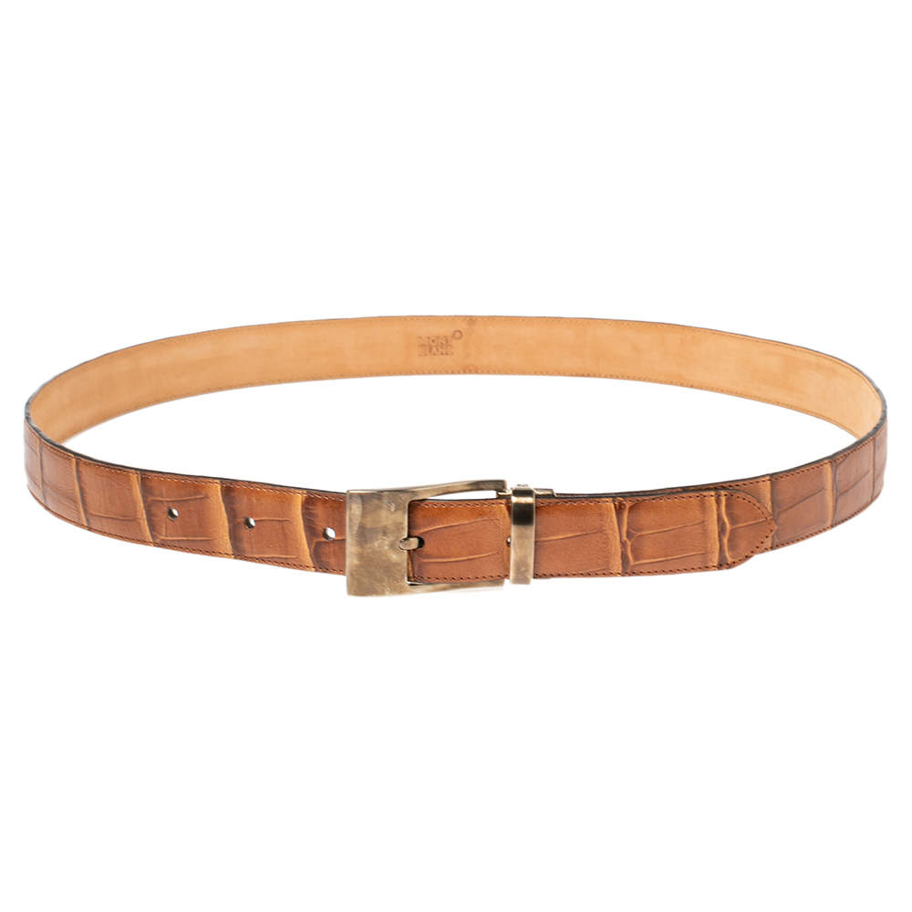 Montblanc Brown Croc Embossed Leather Buckle Belt 100CM