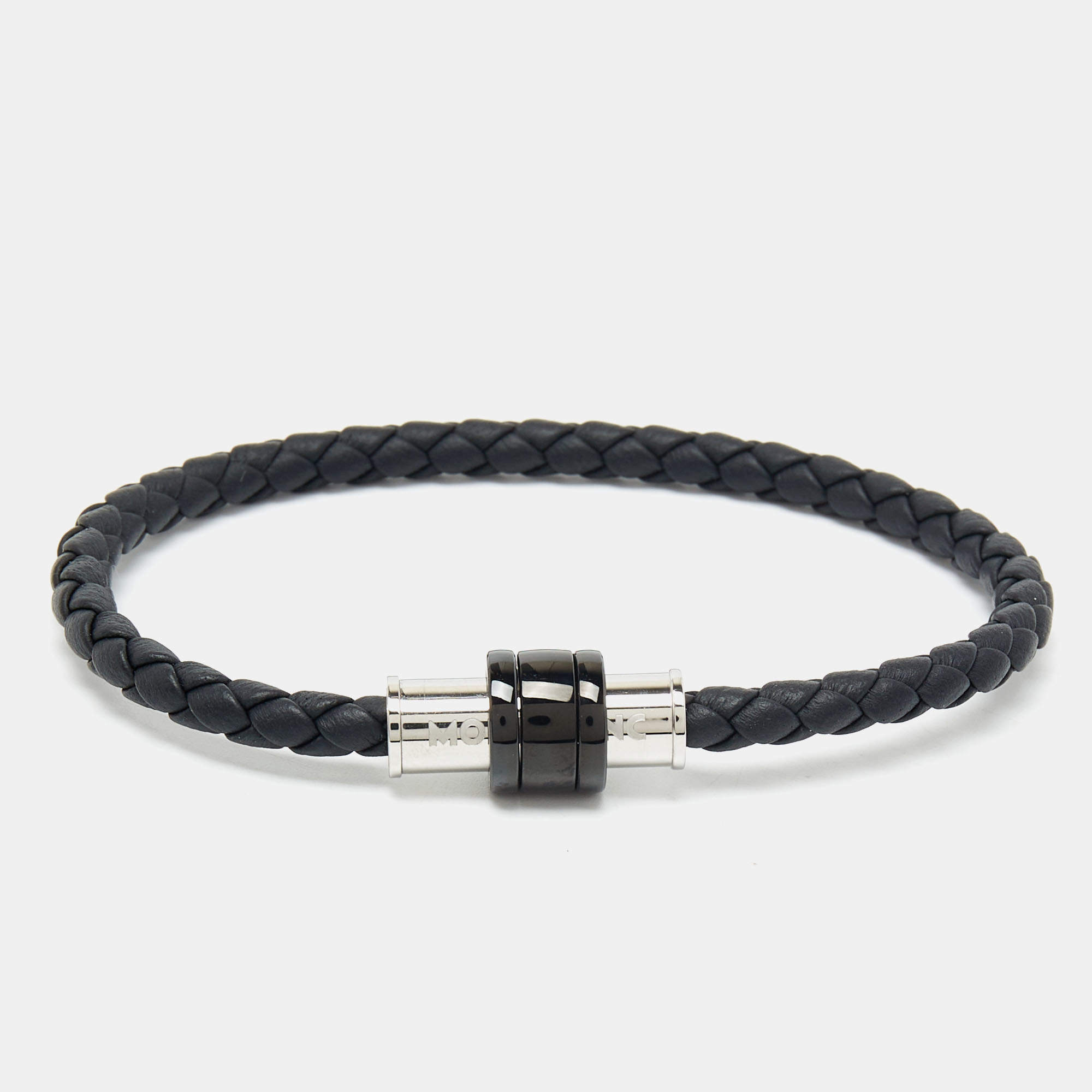 Pre Owned Montblanc Black Woven Leather Three Ring Bracelet L