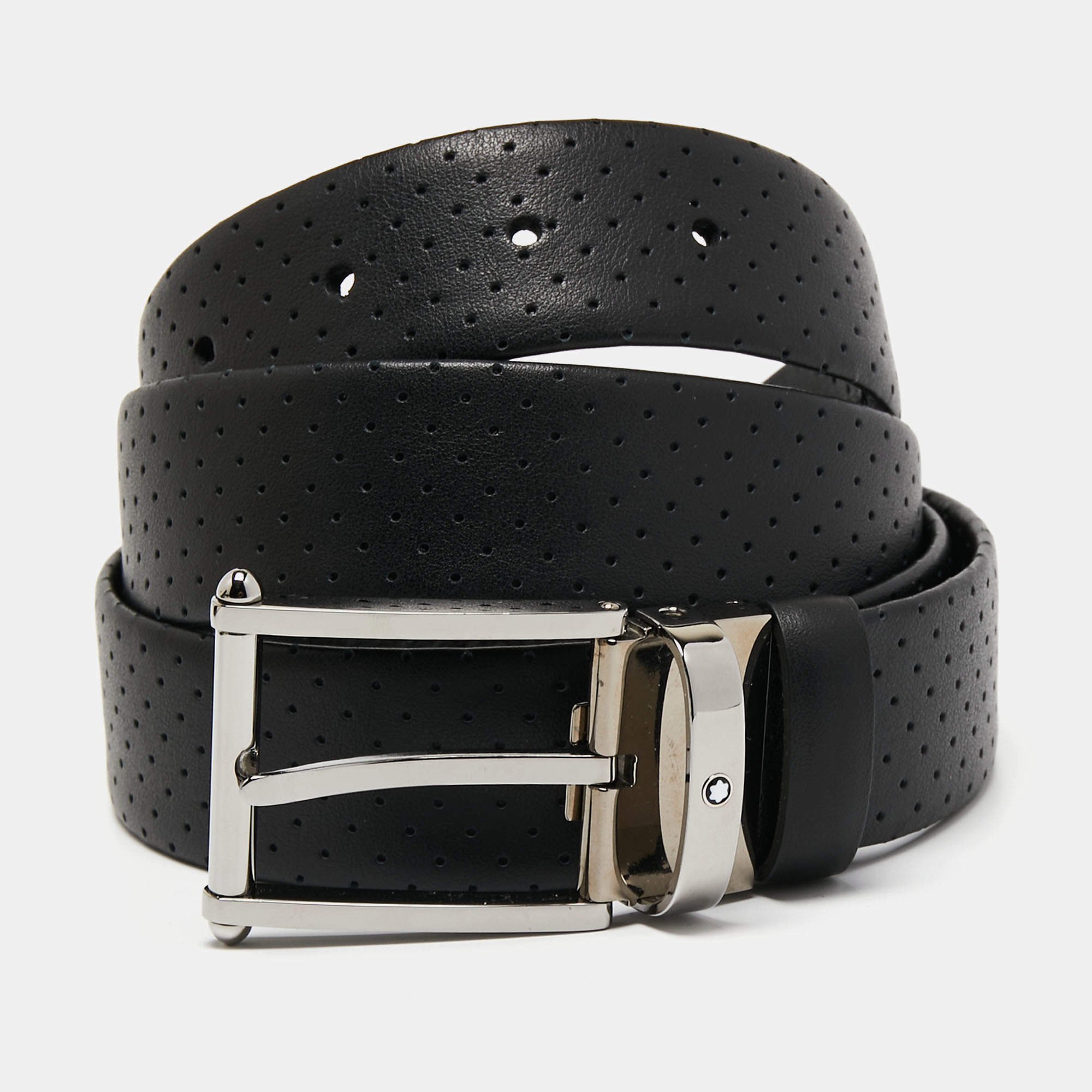 Montblanc Black Perforated Leather Cut to Size Buckle Belt