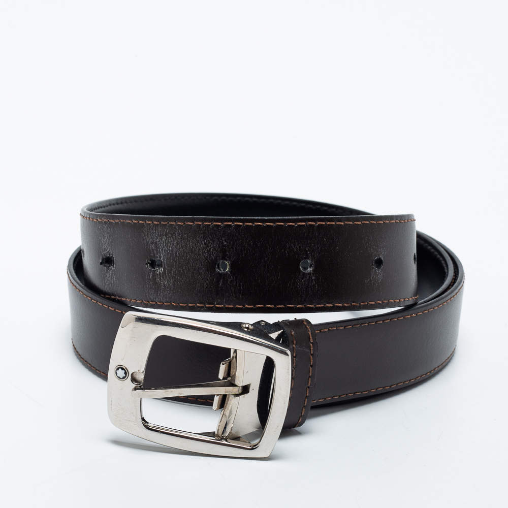 Pre Owned Montblanc Black Leather Reversible Cut to Size Buckle Belt 90CM
