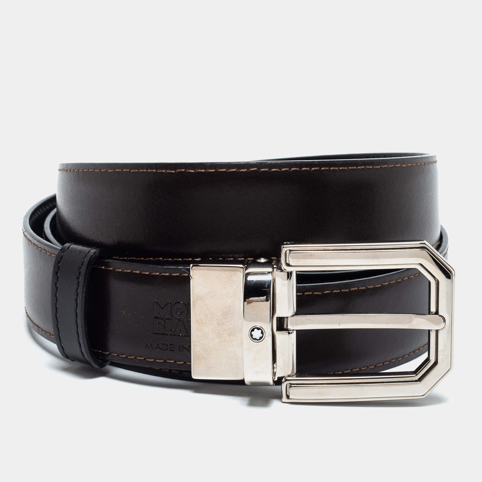Pre Owned Montblanc Brown/Black Leather Cut to Size Reversible Buckle Belt 
