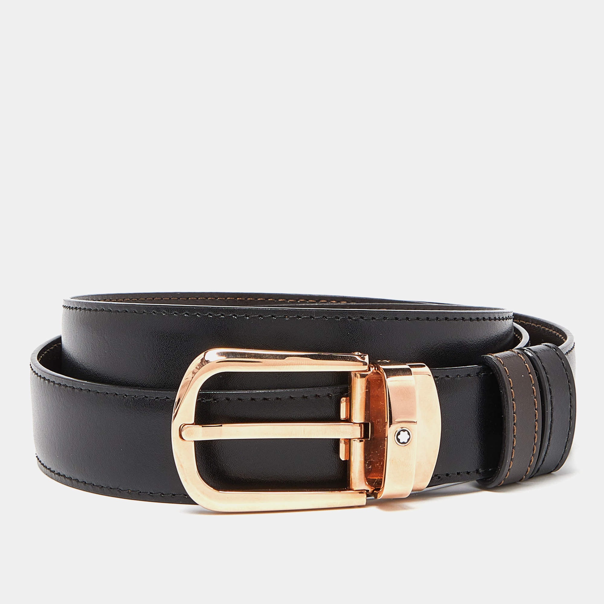 Pre Owned Montblanc Black/Brown Leather Horseshoe Buckle Cut to Size Reversible Belt