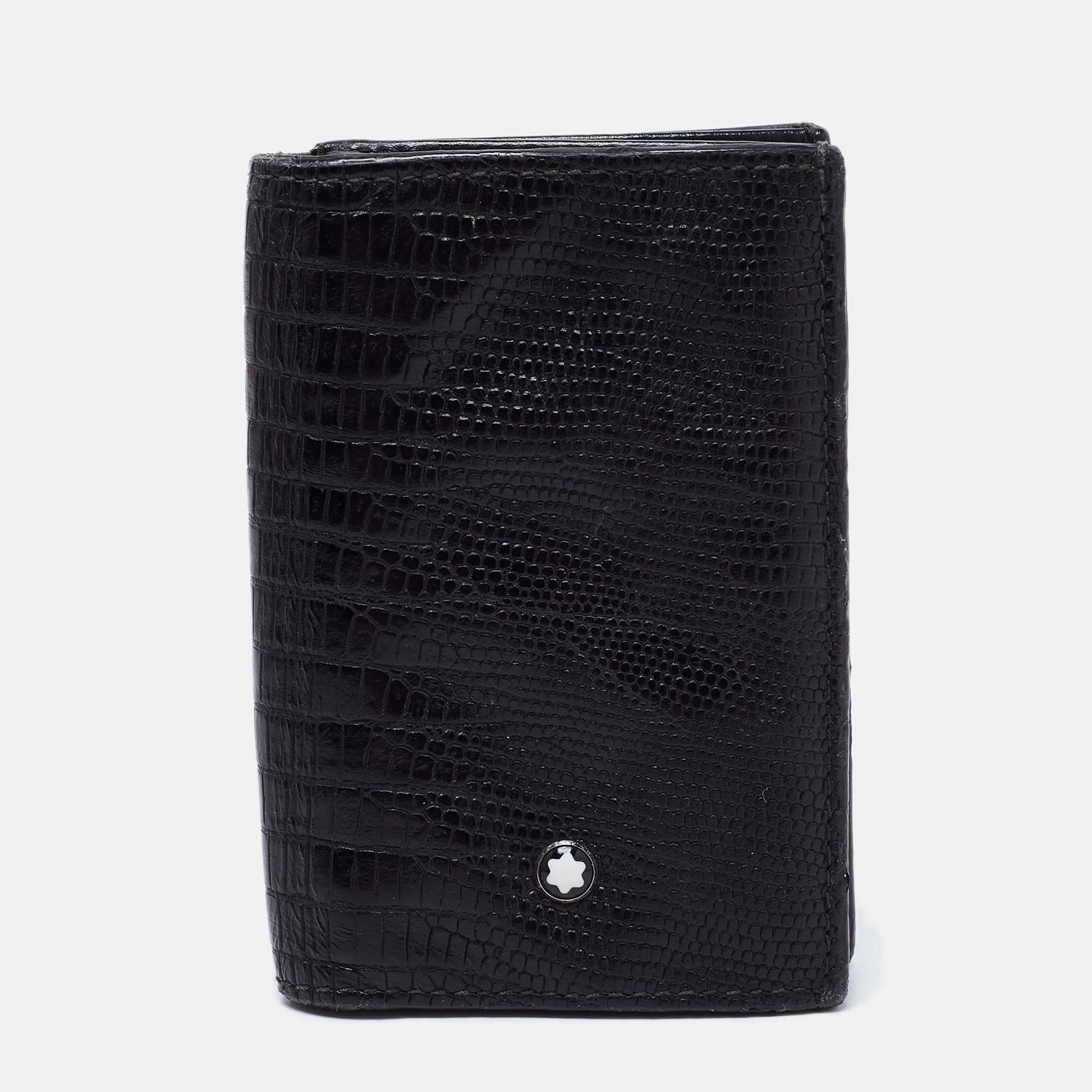 Pre Owned Montblanc Black Lizard Embossed Leather Meisterstuck Bifold Card Holder