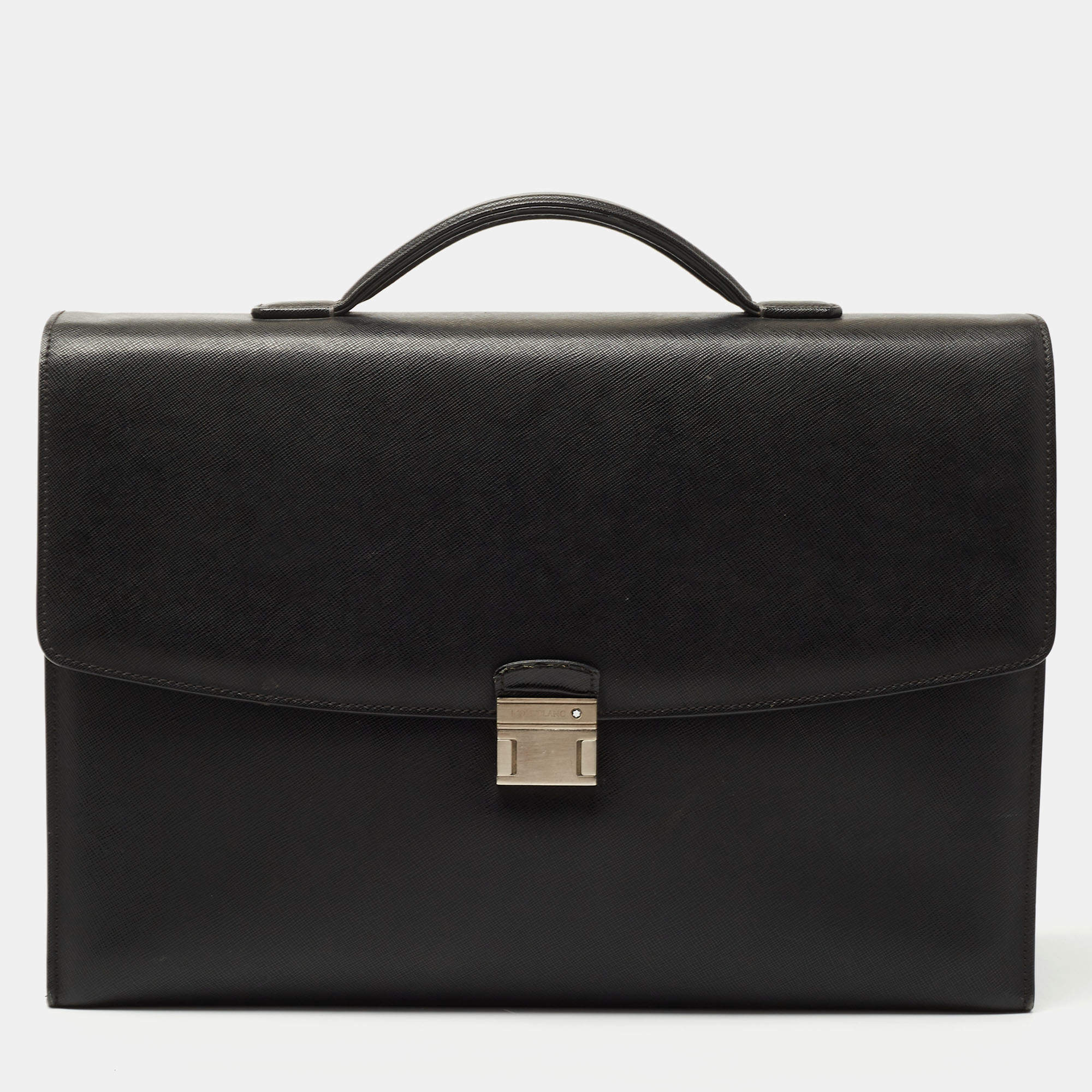 Montblanc Black Leather Pushlock Flap Briefcase 