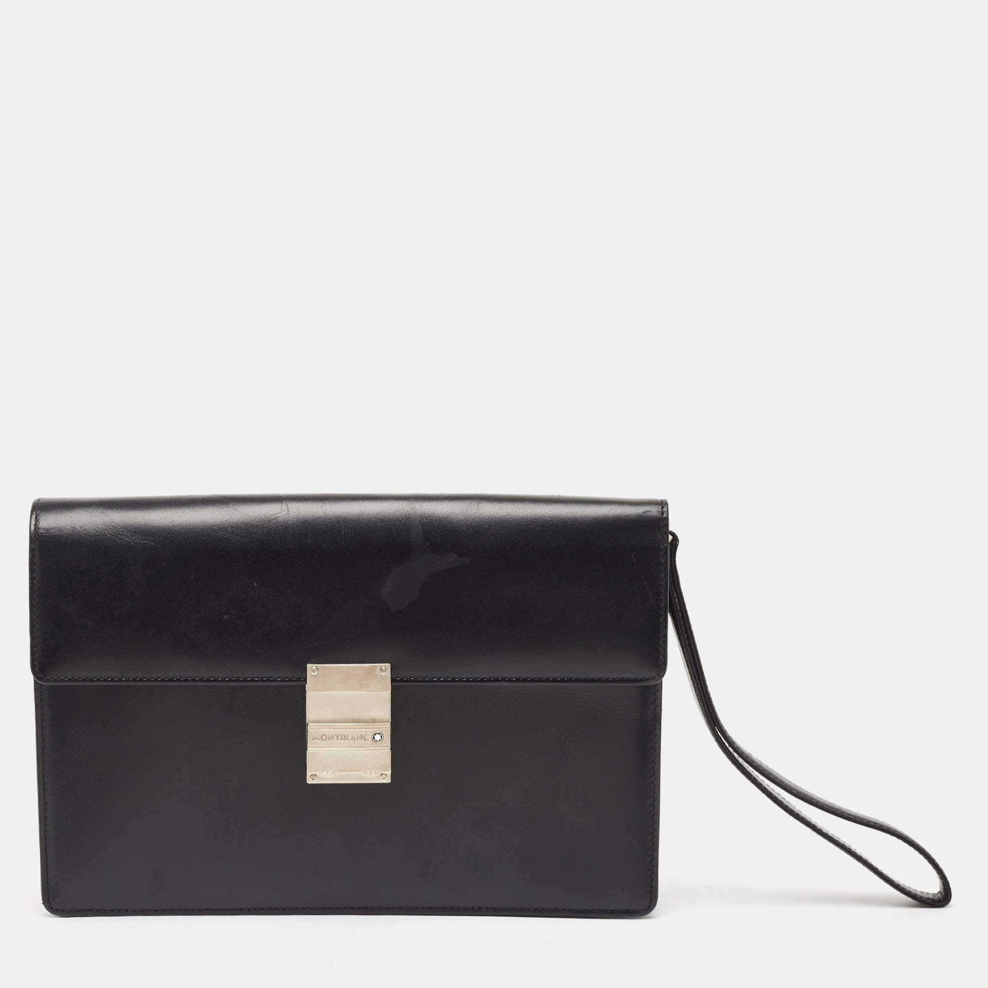 Montblanc Black Leather Flap Wristlet Clutch