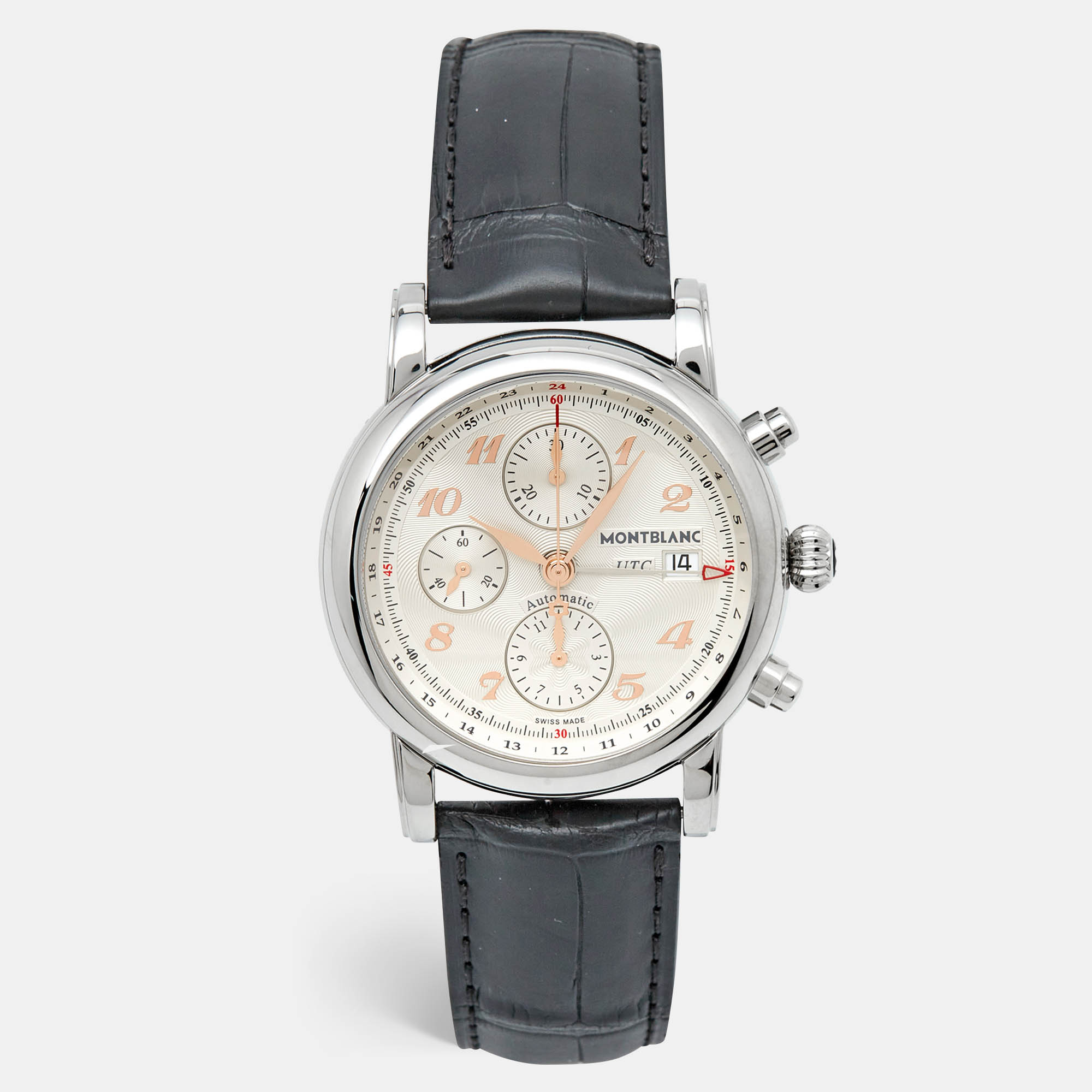 Montblanc Silver Guilloche Stainless Steel Alligator Leather Star 110590 Men's Wristwatch 42 mm