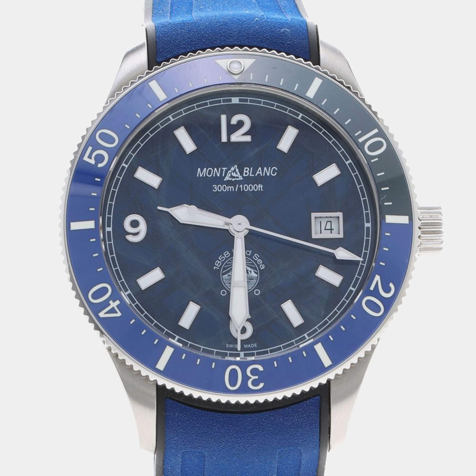 Pre Owned Montblanc 1858 Iced Sea 129370 Blue Stainless Steel Automatic Men's Watch 42 mm