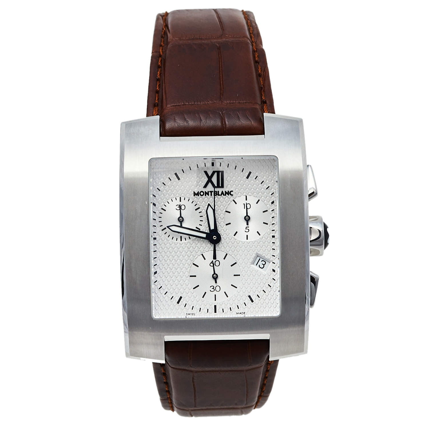 Montblanc Silver Stainless Steel Leather Profile XL 101560 Men's Wristwatch 33 mm