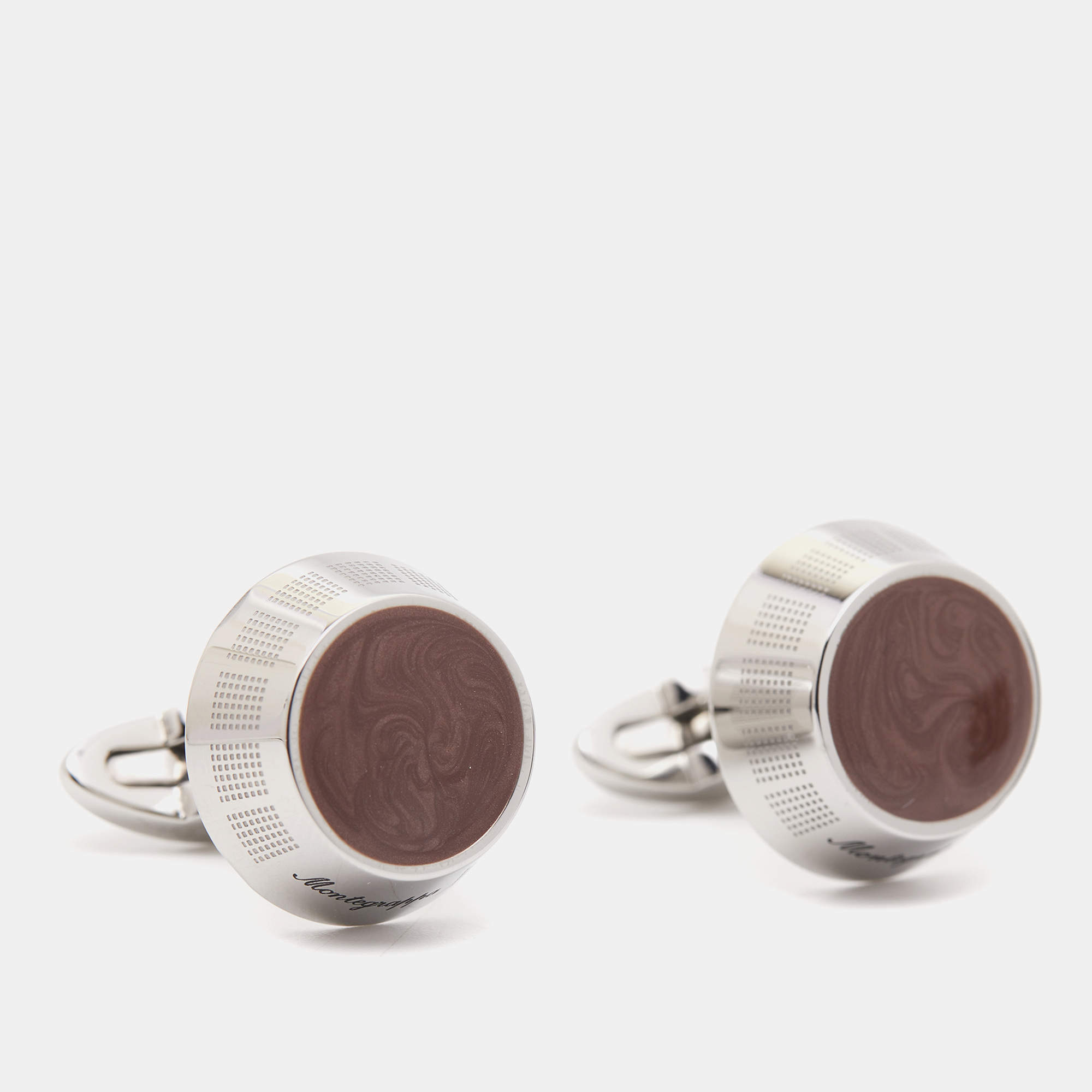 Pre Owned Montegrappa Silver Tone Brown Inlay Miya Cufflinks