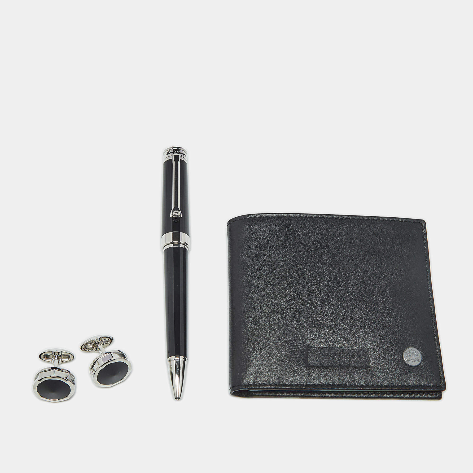 Pre Owned Montegrappa Resin Leather Silver Tone Pen Set