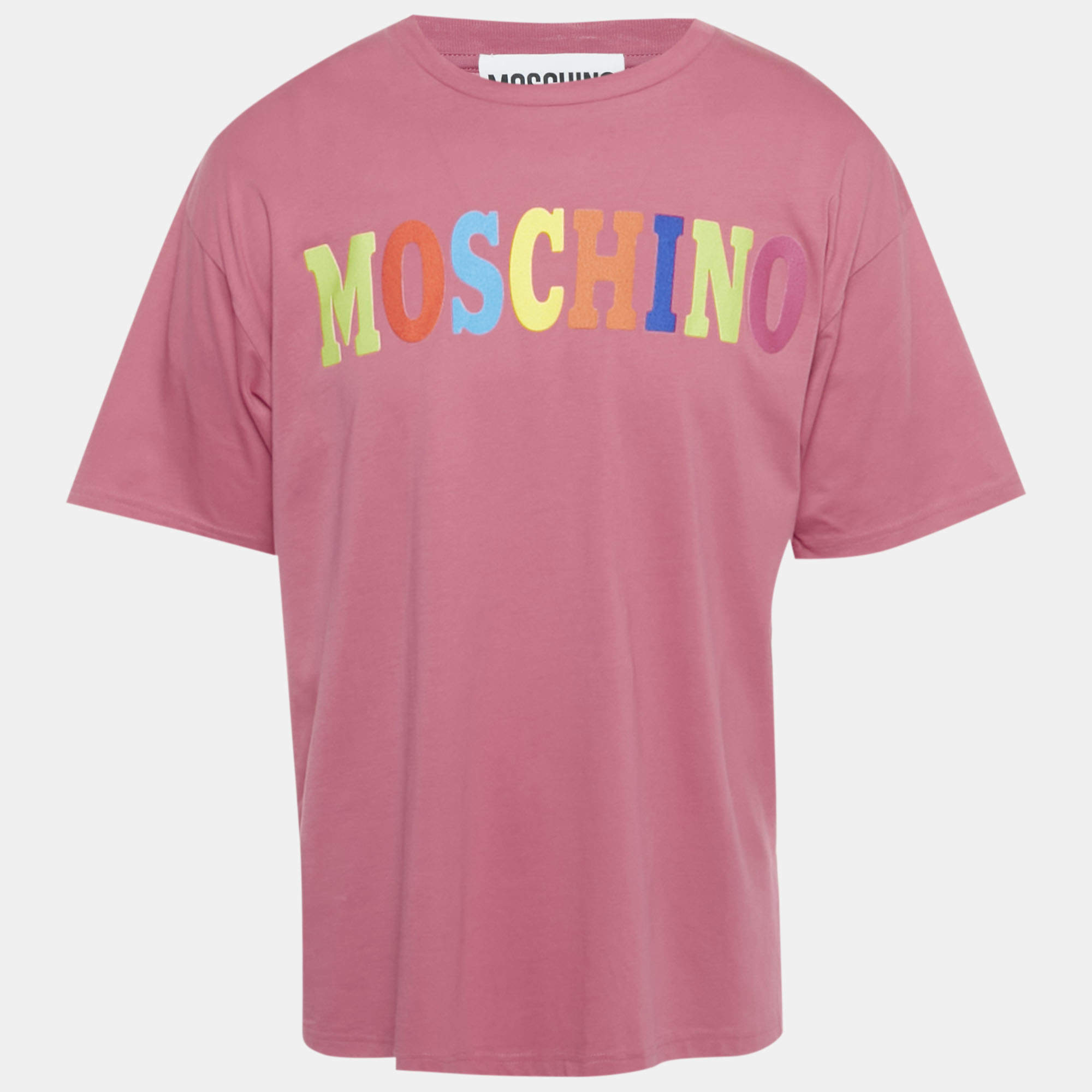 Pre Owned Moschino Couture Pink Logo Print Jersey T-Shirt M