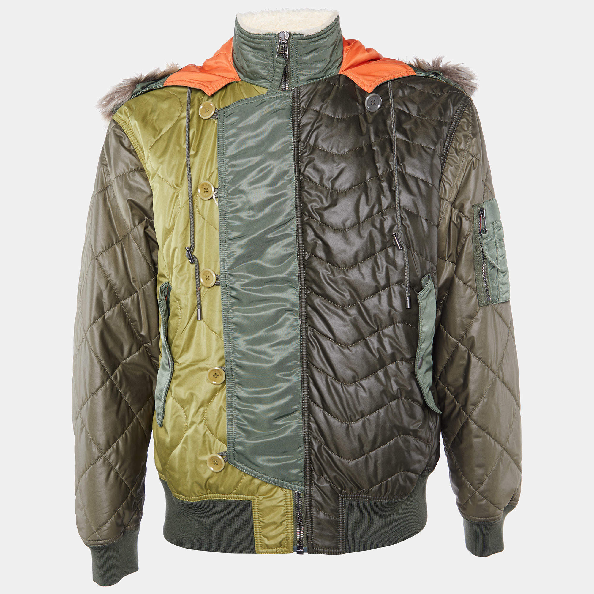 Pre Owned Moschino Couture Green & Orange Quilted Faux Fur Detail Hooded Jacket M