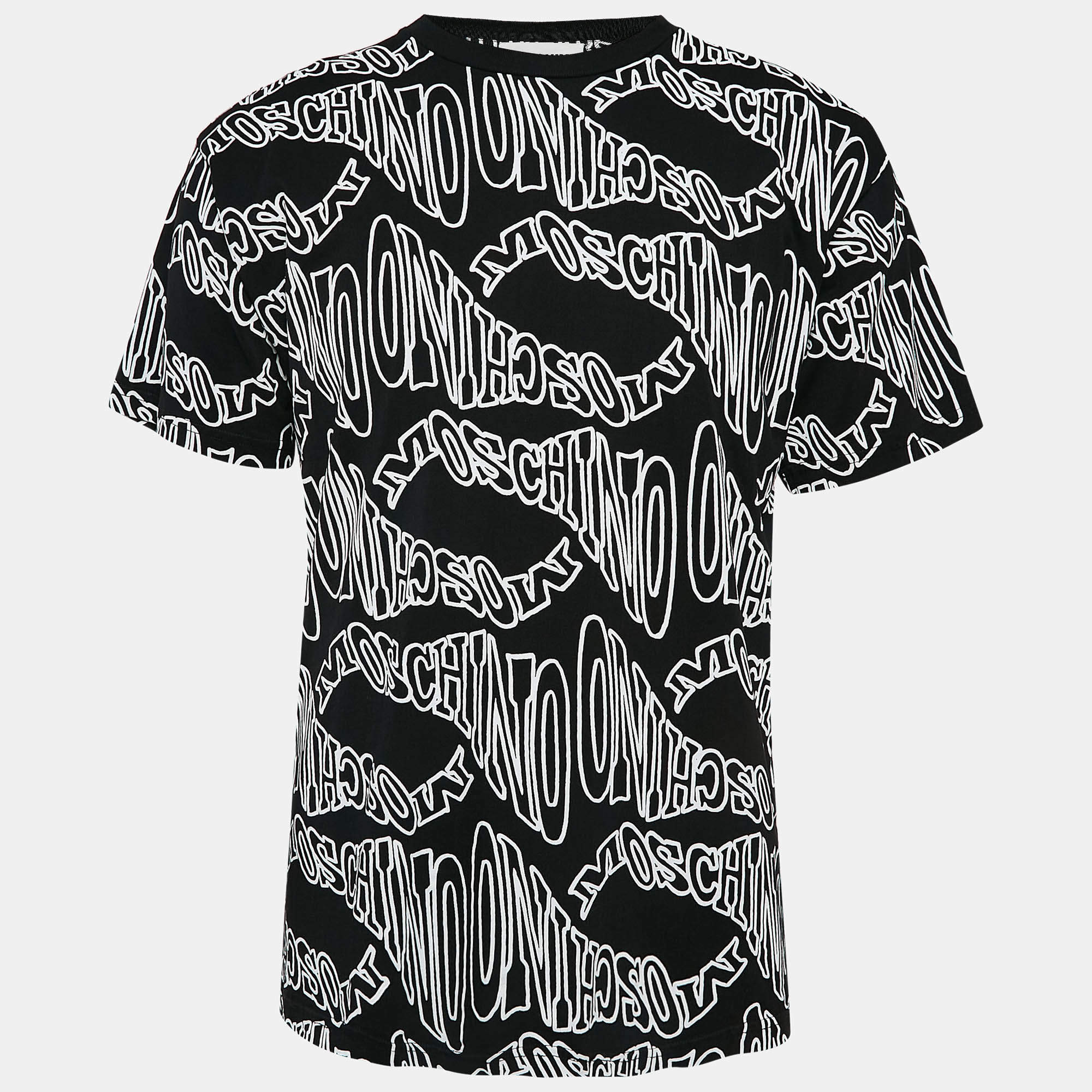 Pre Owned Moschino Black Logo All Over Print Jersey T-Shirt S
