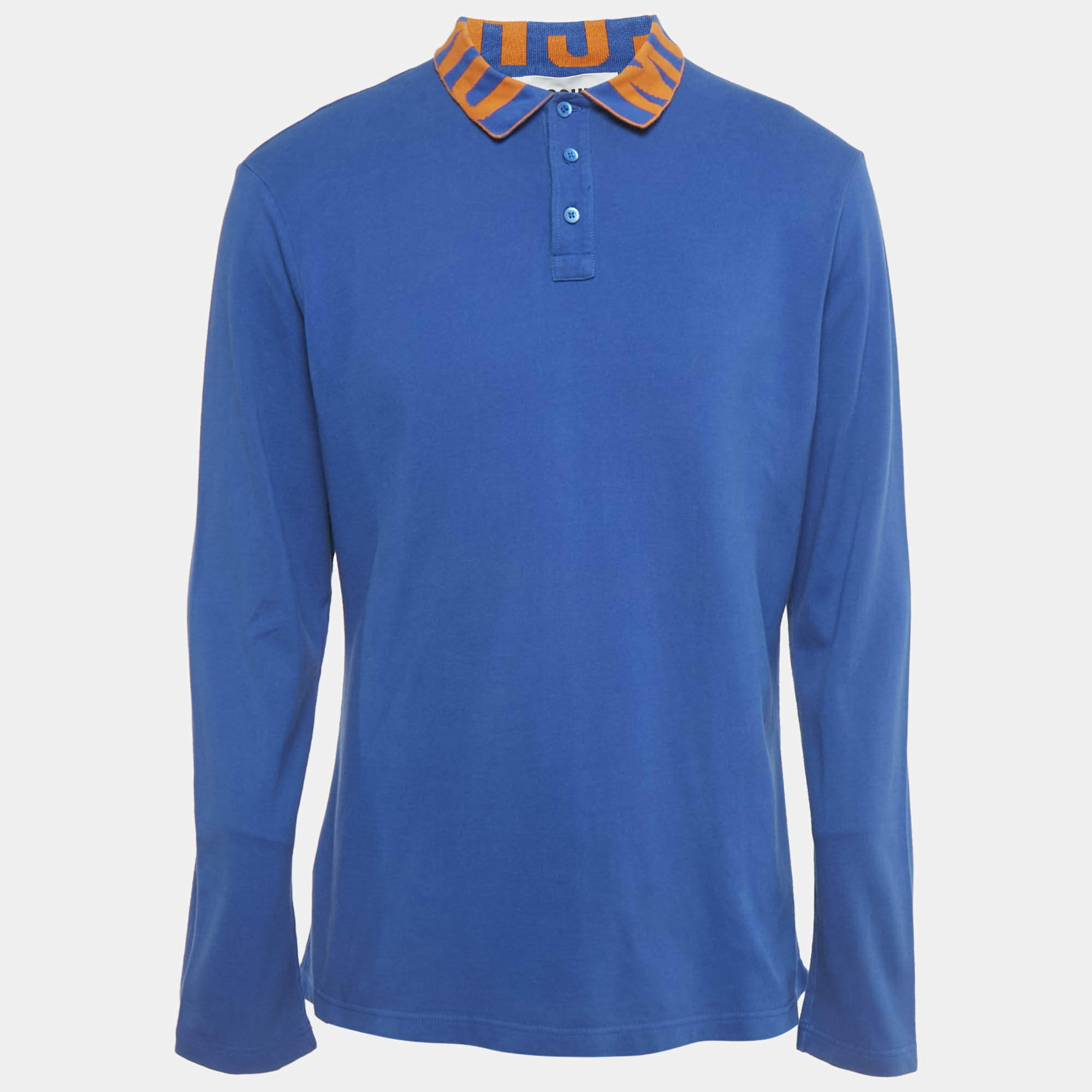 Pre Owned Moschino Couture Blue Cotton Pique Long Sleeve Polo T-Shirt XL