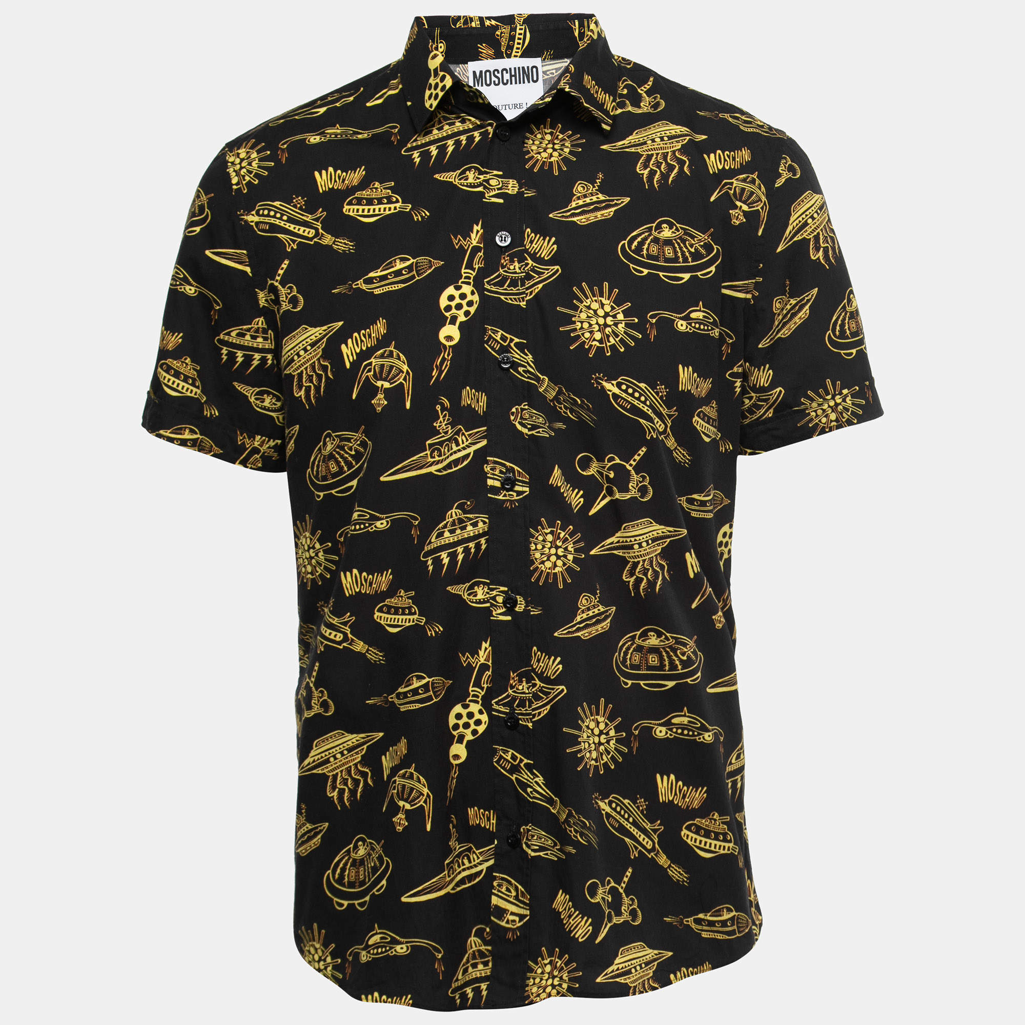 Pre Owned Moschino Couture Black Printed Cotton Short Sleeve Shirt L