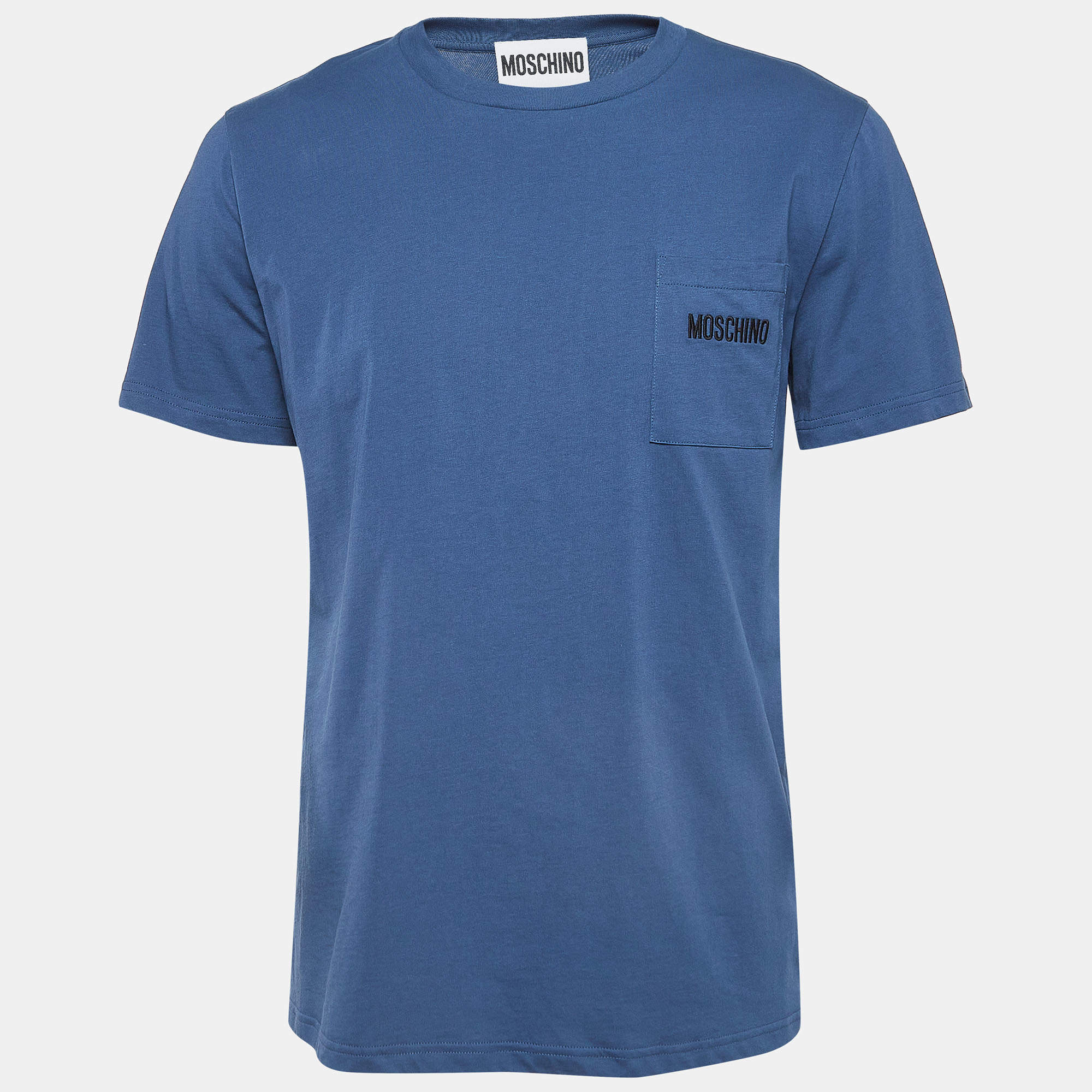 Pre Owned Moschino Couture Blue Logo Embroidered Cotton Knit Half Sleeve T-Shirt M