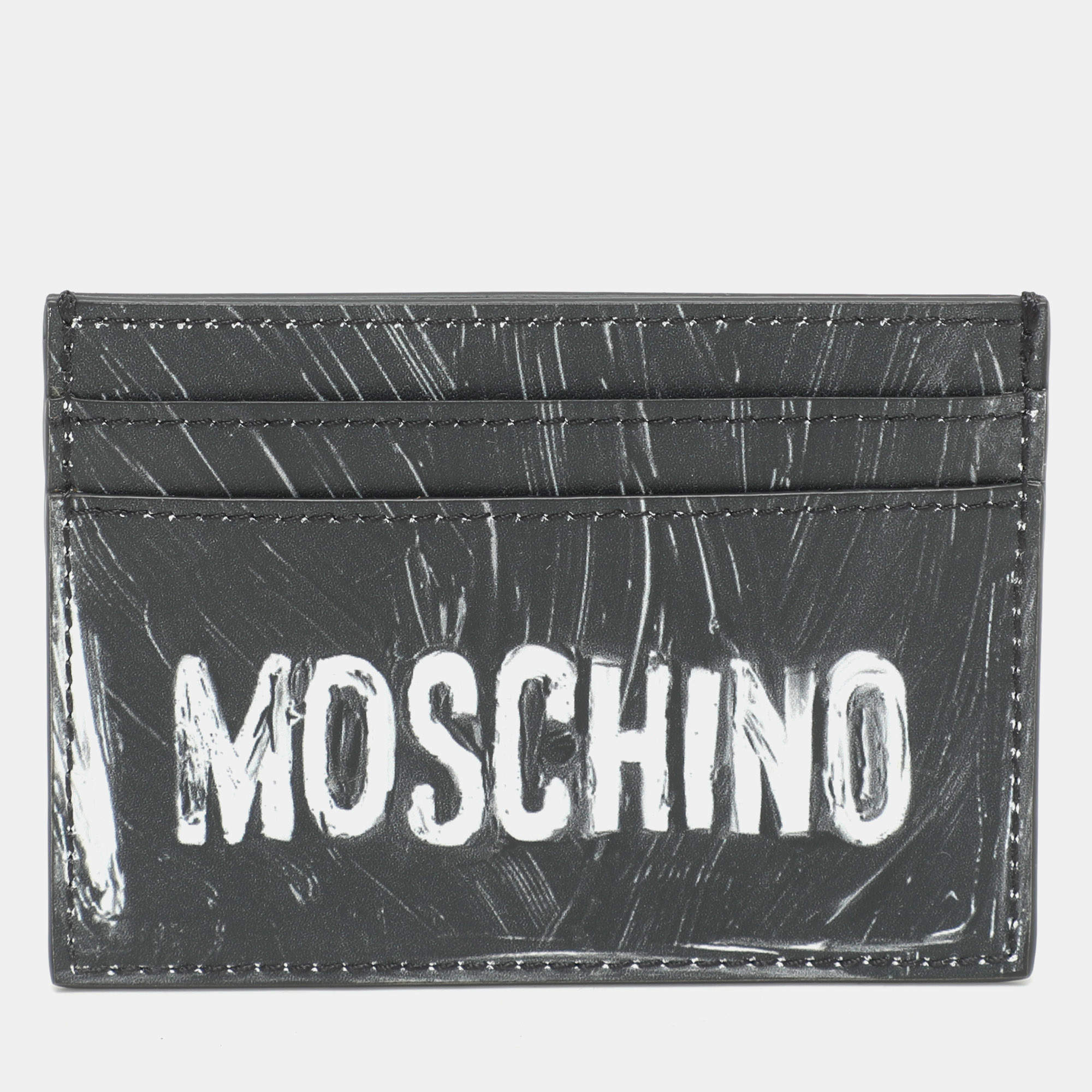 Pre Owned Moschino Grey Leather Logo Print Card Holder