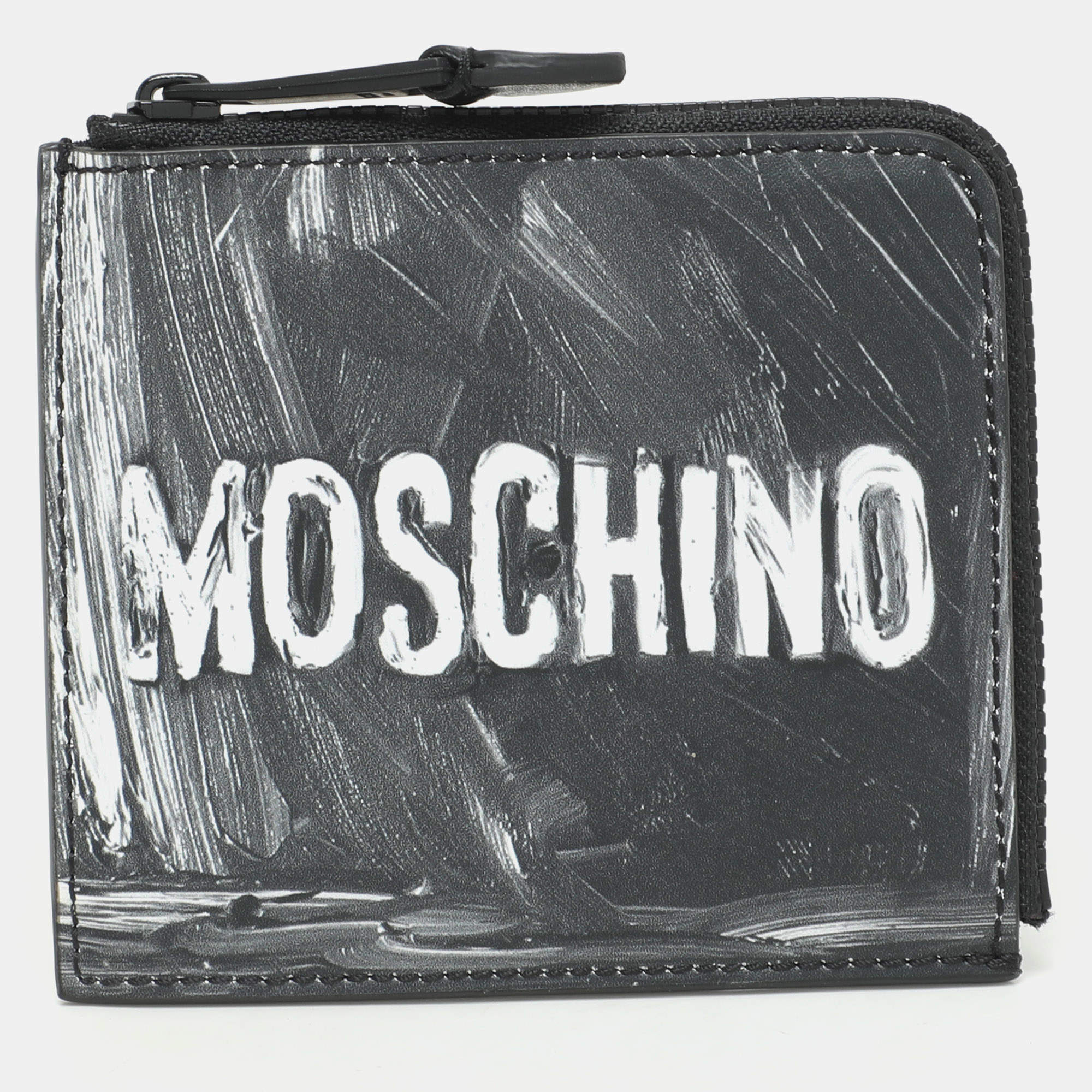 Moschino Grey Leather Logo Print Coin Purse