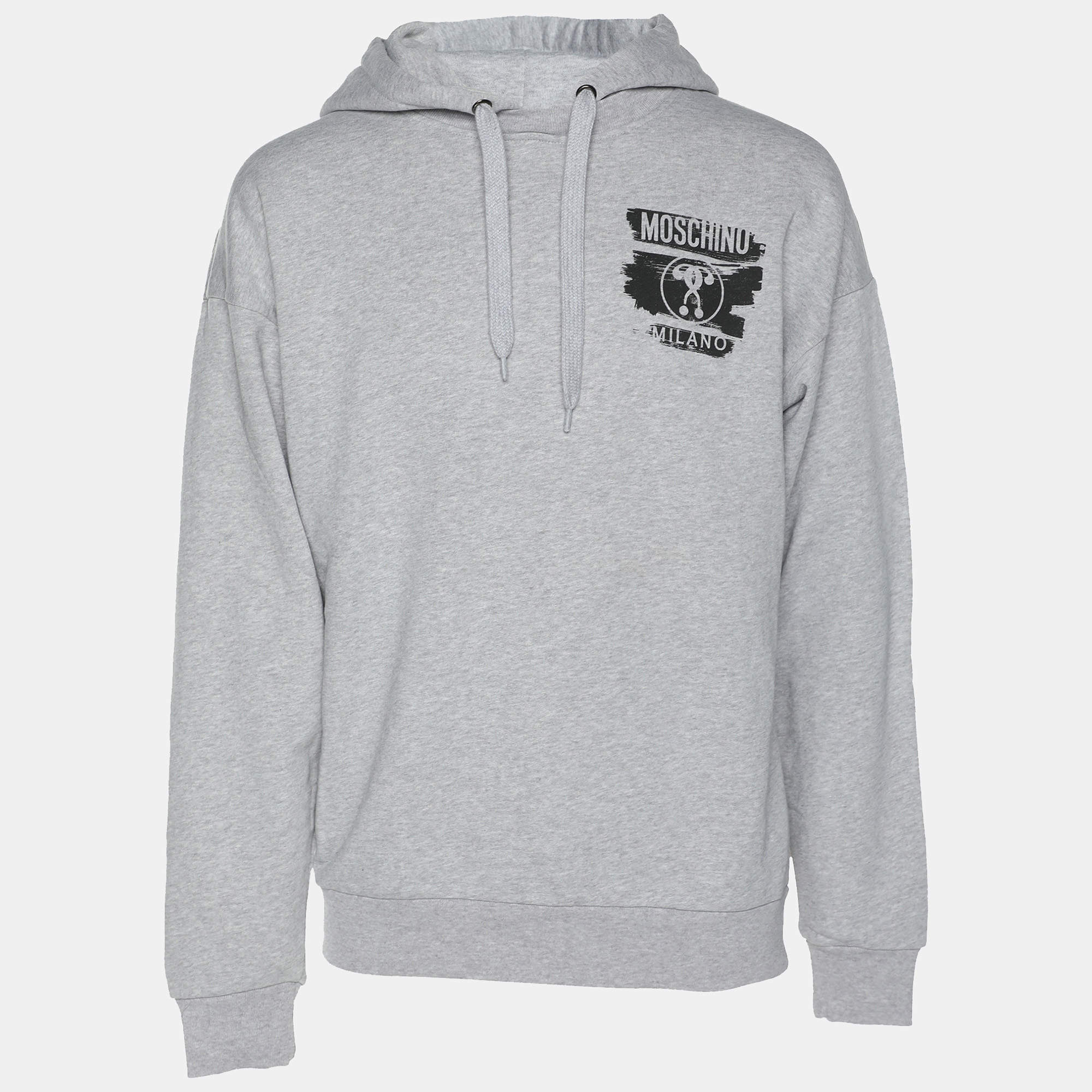 Pre Owned Moschino Grey Cotton Logo Print Hoodie M