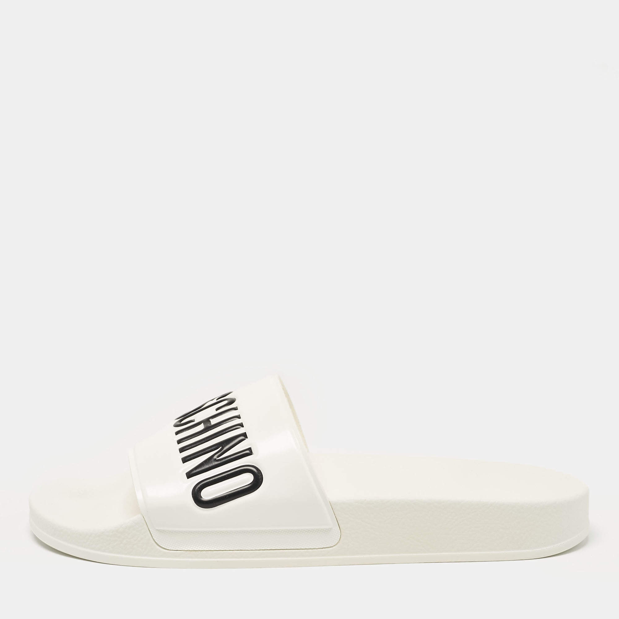 Pre Owned Moschino White Leather Logo Flat Sandals Size 42