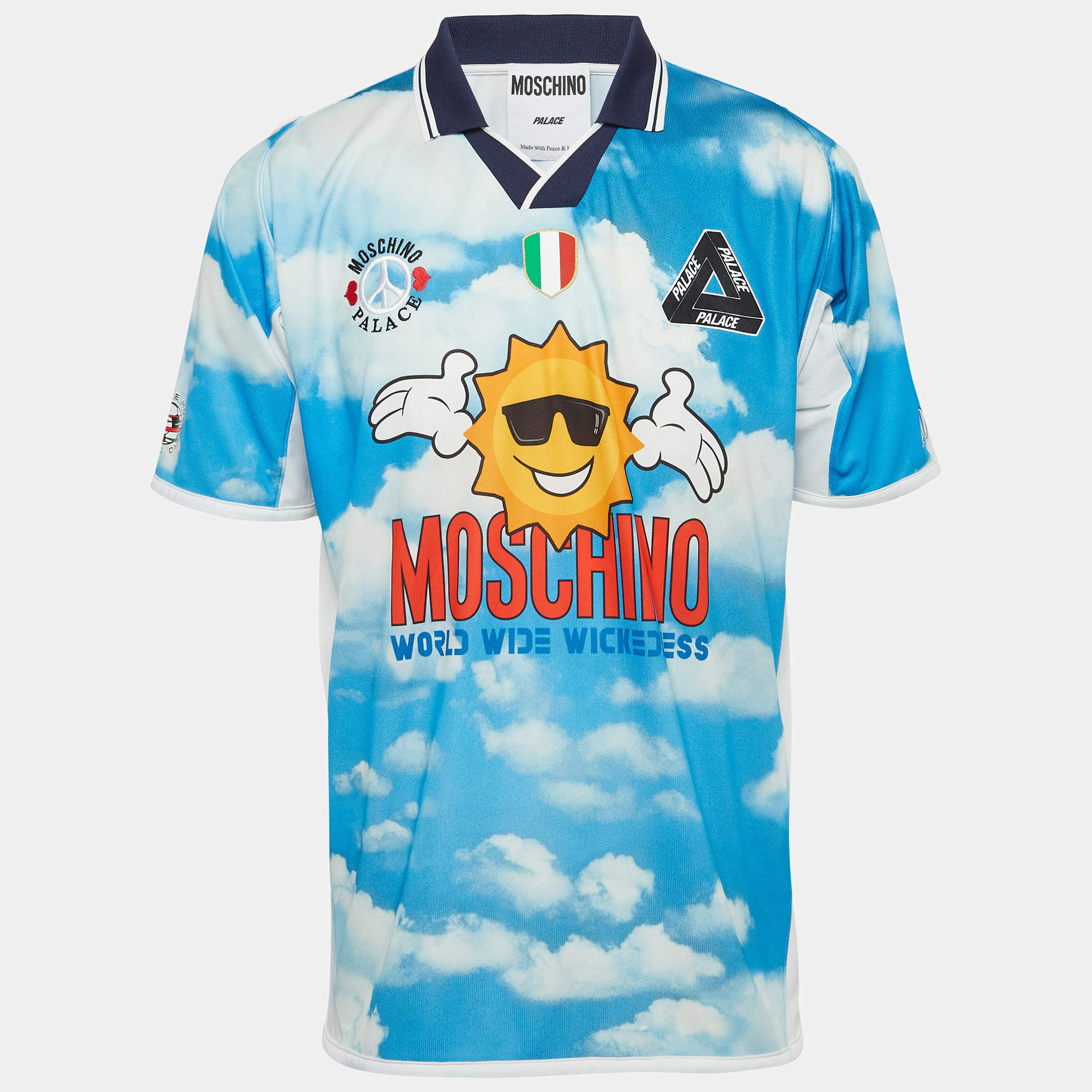 Pre Owned Moschino X Palace Blue Multicolor Jersey Technical Polo T-Shirt M
