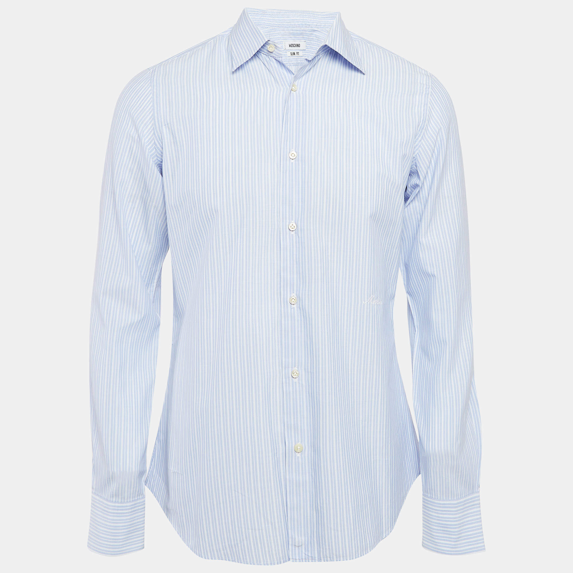 Pre Owned Moschino Blue Pinstripe Cotton Slim Fit Shirt M