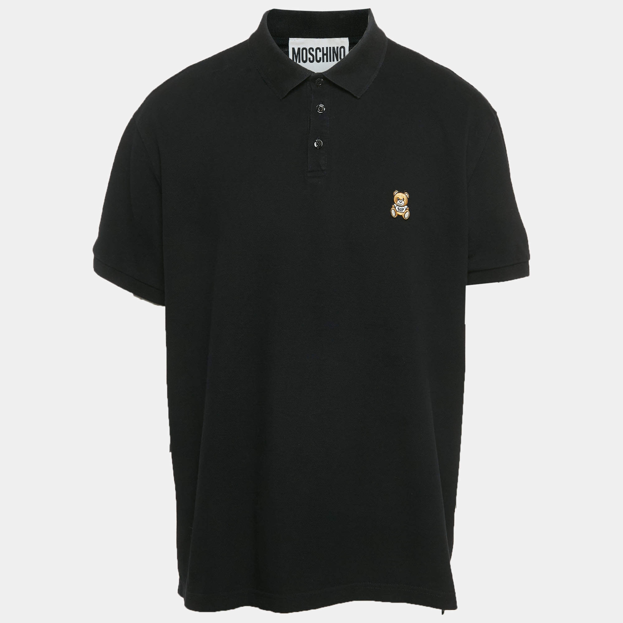 Pre Owned Moschino Black Teddy Applique Cotton Knit Polo T-Shirt 3XL