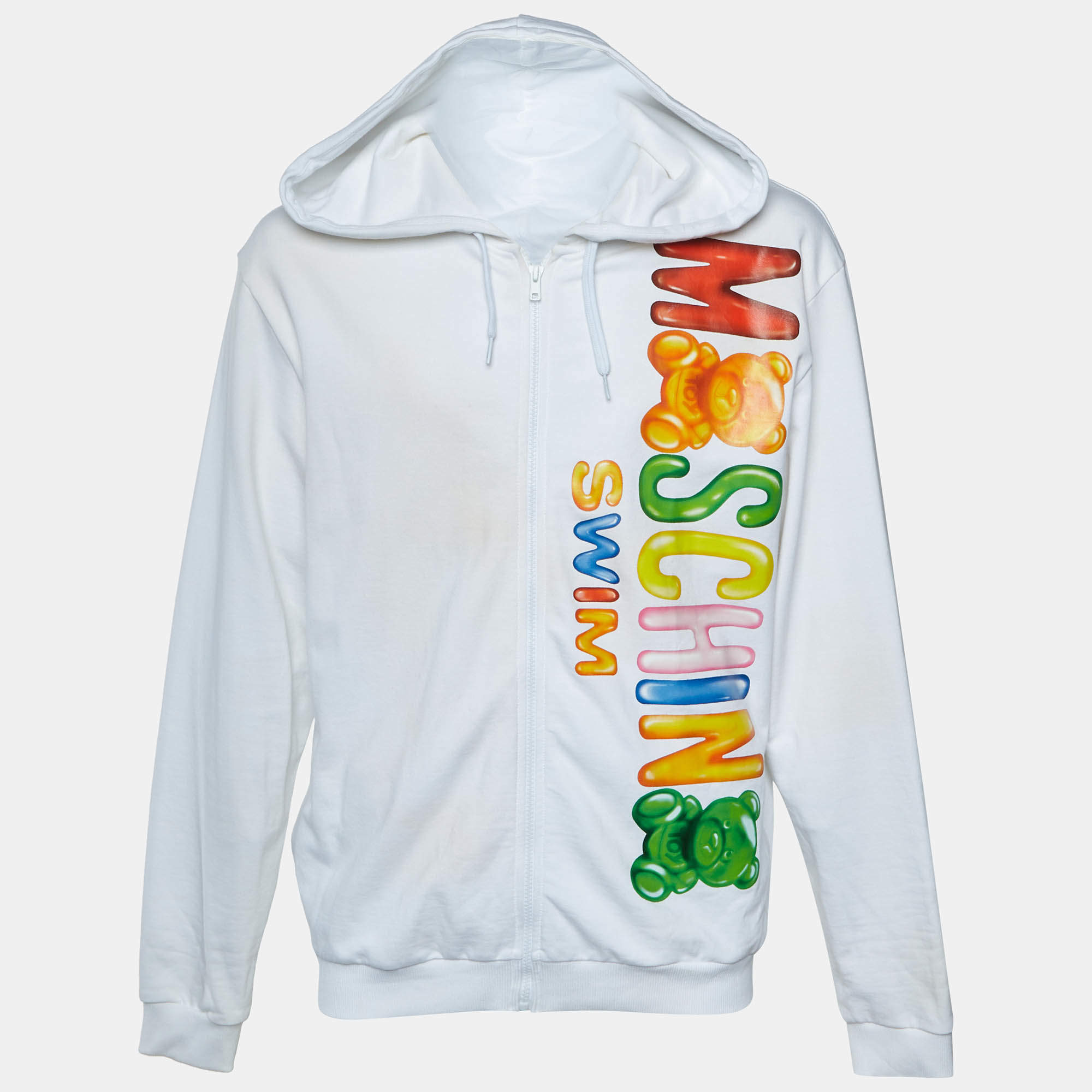 Pre Owned Moschino Swim White Logo Print Cotton Jersey Zip Up Hoodie XL