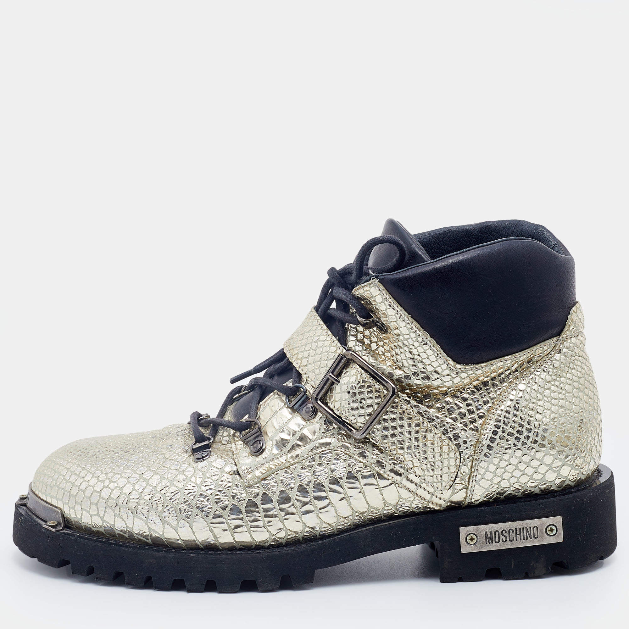 Moschino Metallic Gold Python Embossed Leather Ankle Length Boots Size 43