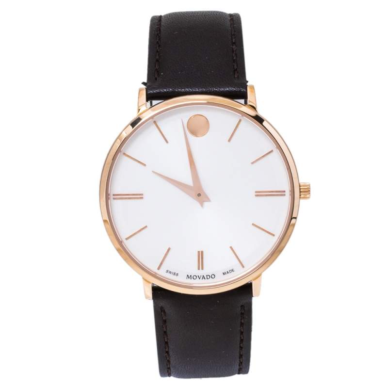 Pre Owned Movado White Rose Gold Tone Stainless Steel Leather Ultra Slim 0607089 Men's Wristwatch 40 mm