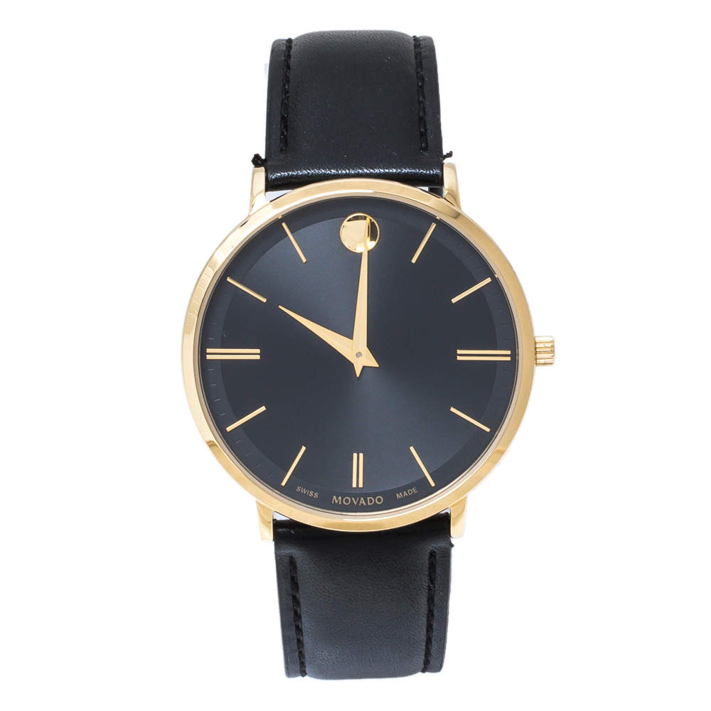 Pre Owned Movado Black Gold Tone Stainless Steel Leather Ultra Slim 0607087 Men's Wristwatch 40 mm