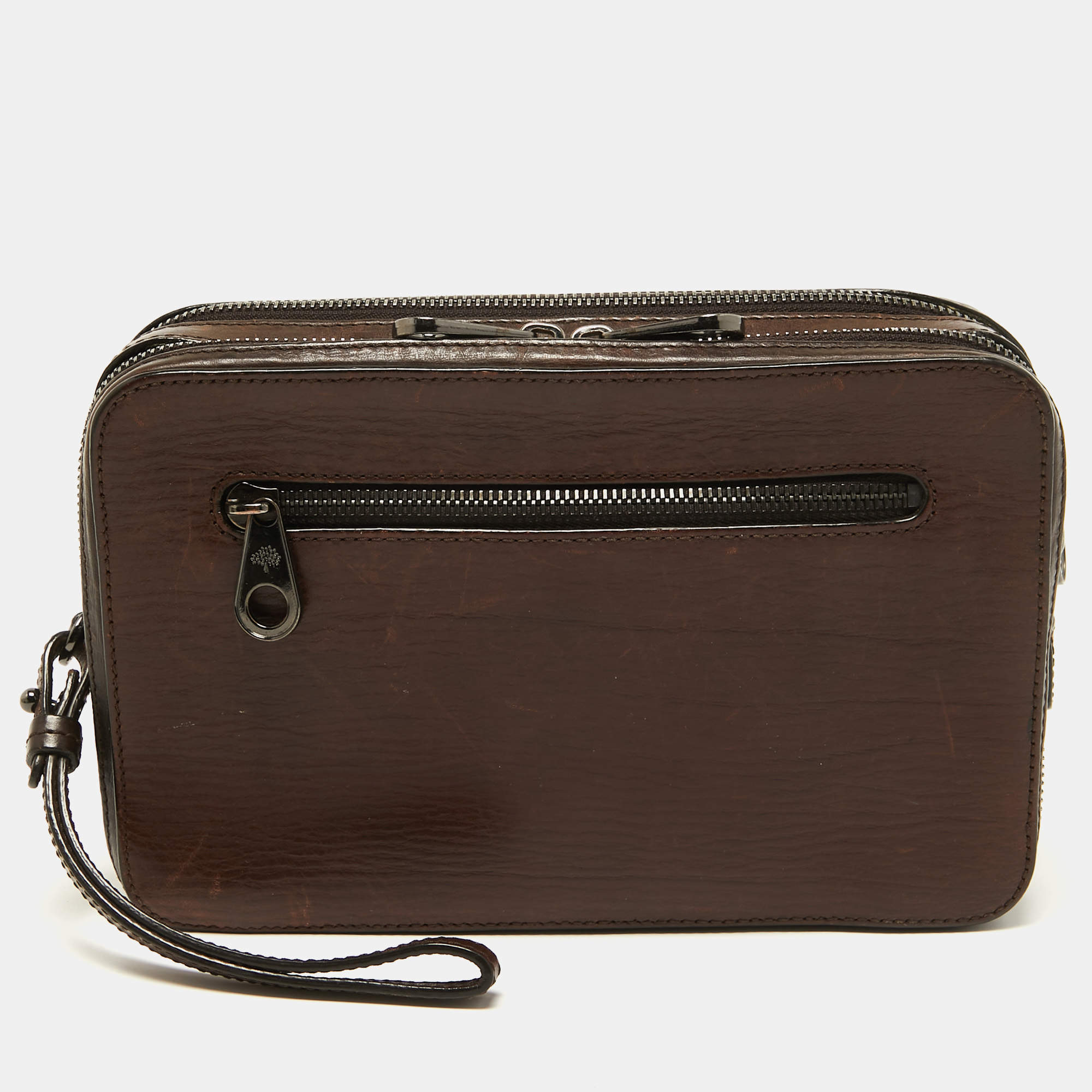 Pre Owned Mulberry Dark Brown Leather Double Zip Wristlet Pouch