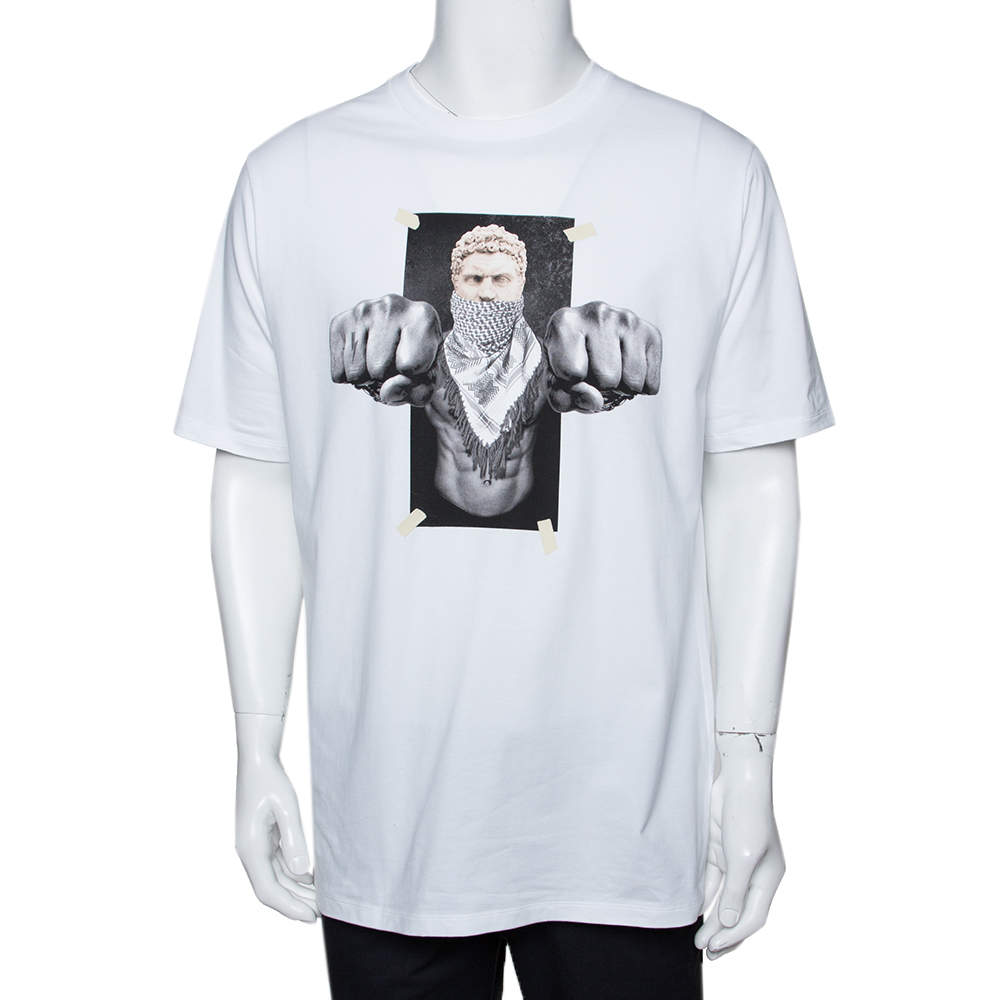 مملوكة مسبقًا تي شيرت نيل باريت رقبة مستديرة قطن طباعة بوكسينغ بروتوس أبيض L