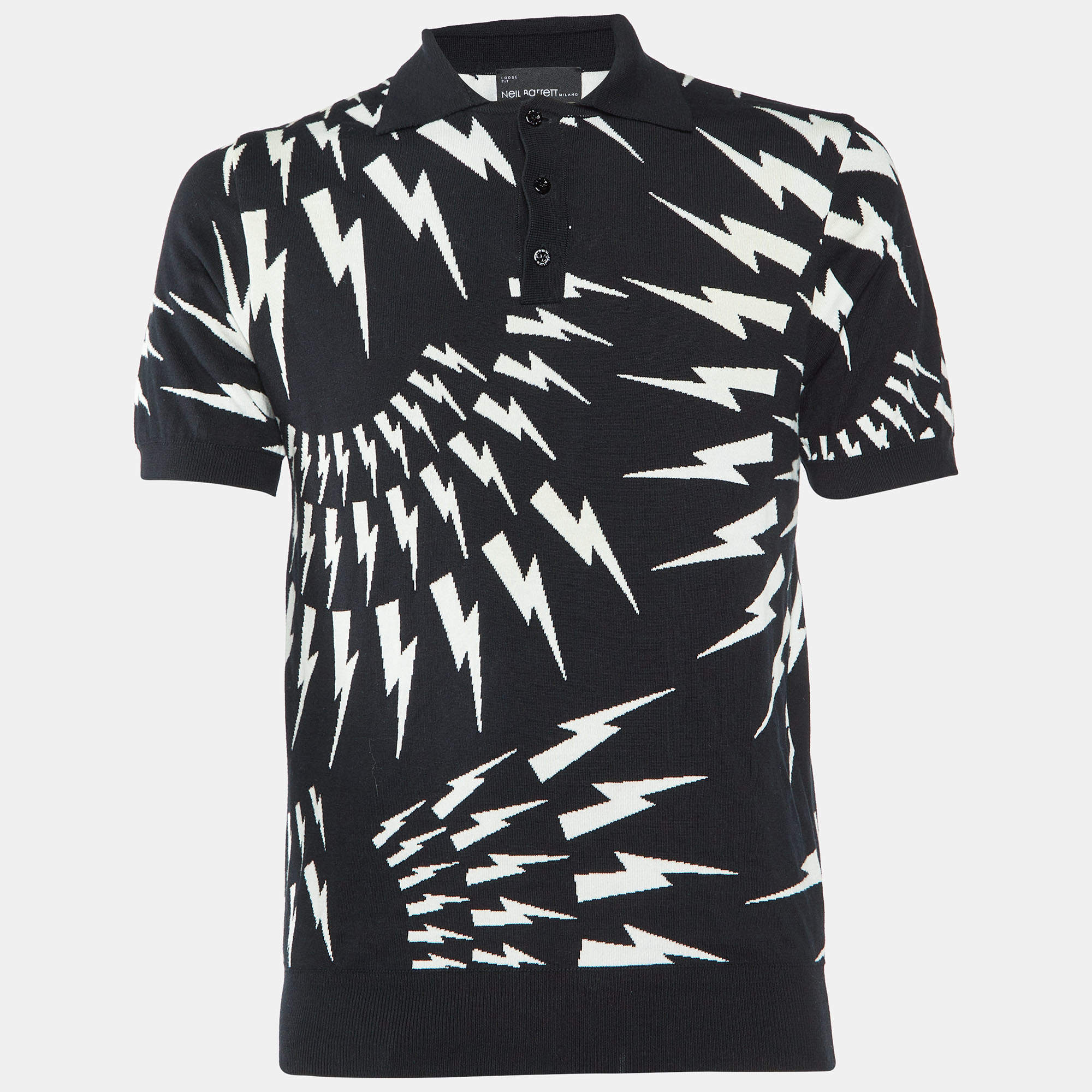 Neil Barrett Black Thunder Bolt Pattern Cotton Polo T-Shirt M