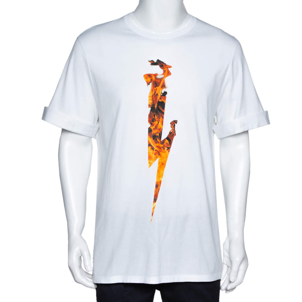 Pre Owned Neil Barrett White Flame Thunderbolt Print Cotton Rolled Up T-Shirt M