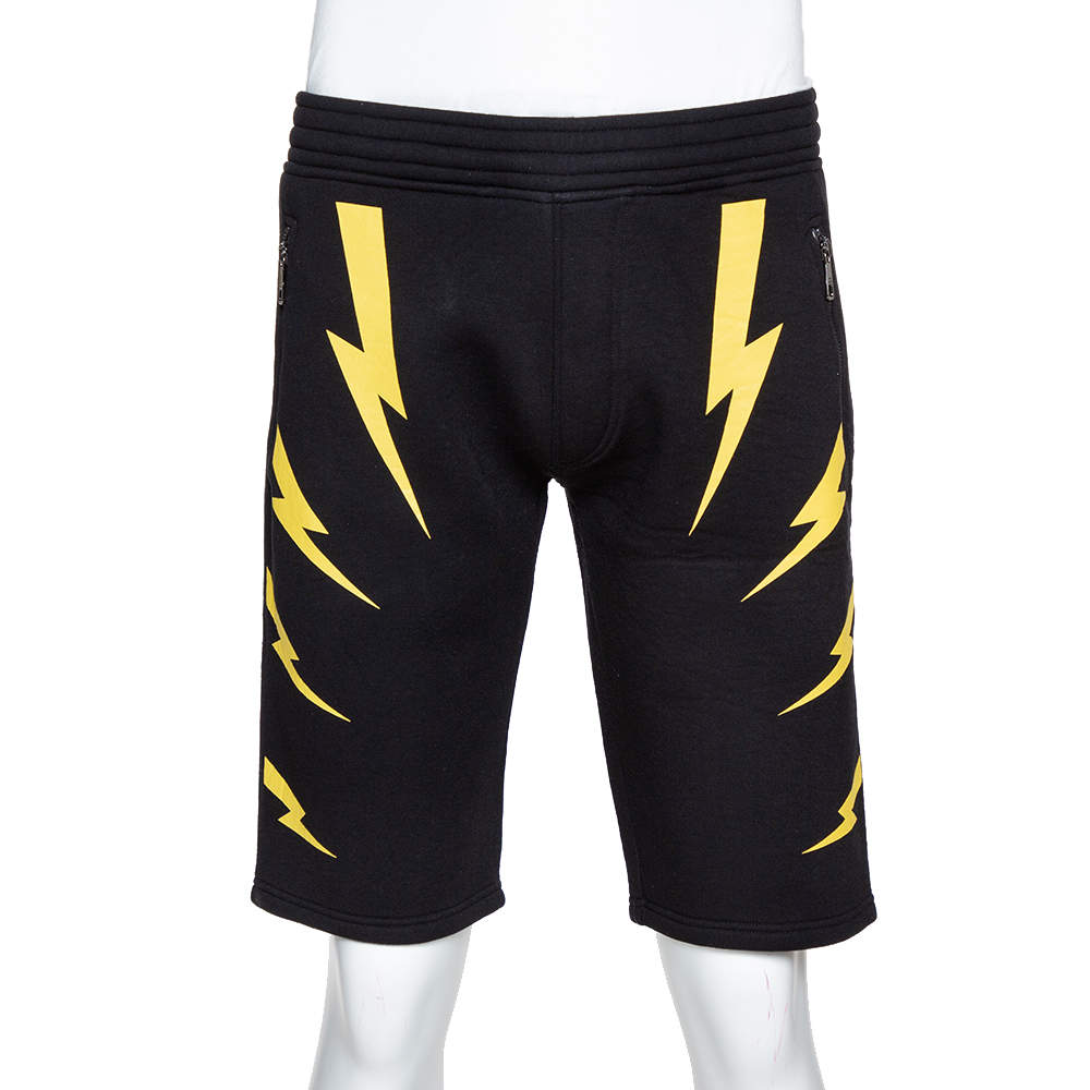 مملوكة مسبقًا Neil Barrett Black & Yellow Slouch Fit Thunderbolt Shorts M