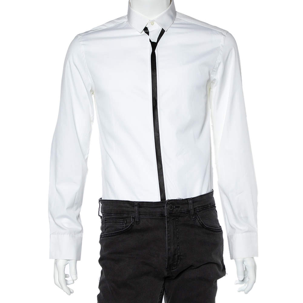 Neil Barrett White Cotton Neck Tie Printed Button Front Shirt M 